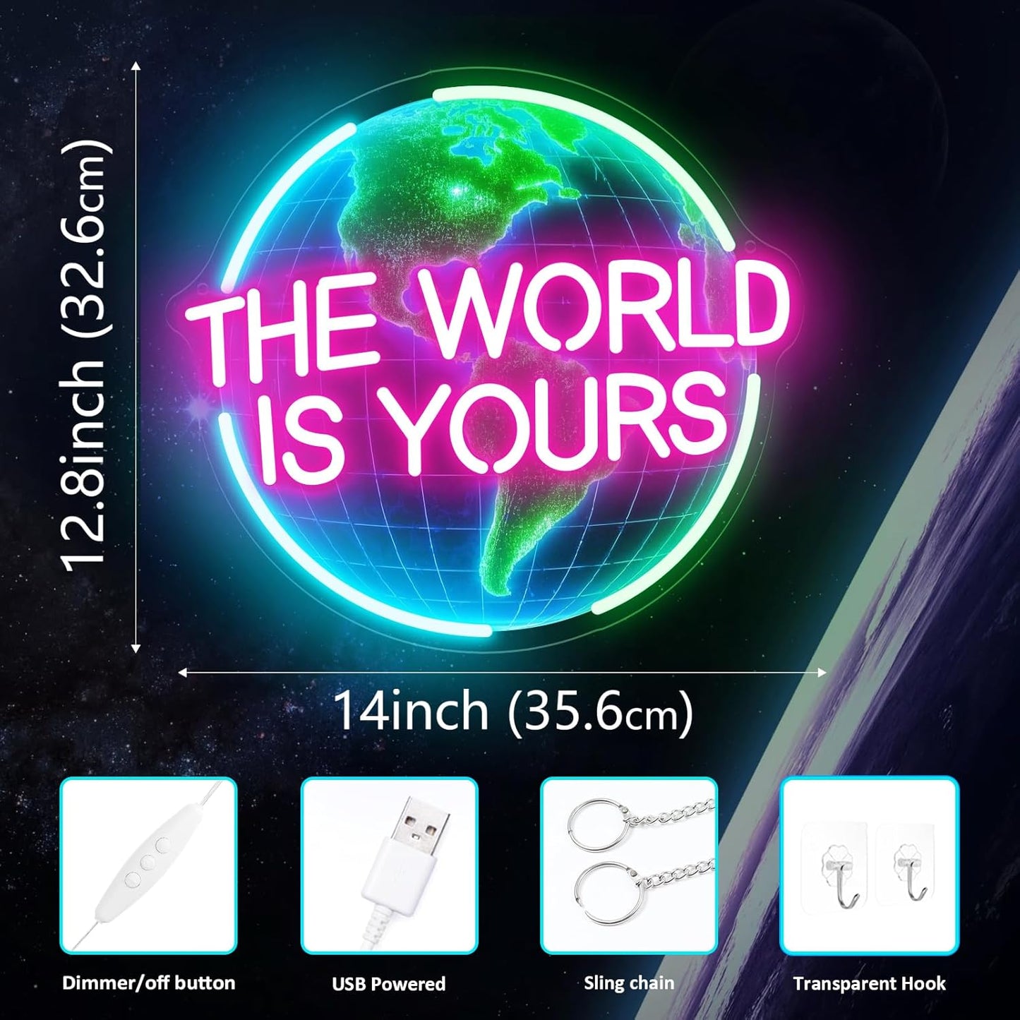The World Is Yours Neon Sign for Wall Decor, Earth Neon Light with Dimmer, for Man Cave Boy Room Decor, Gift for Man Boyfriend, Decoration USB Powered with Switch