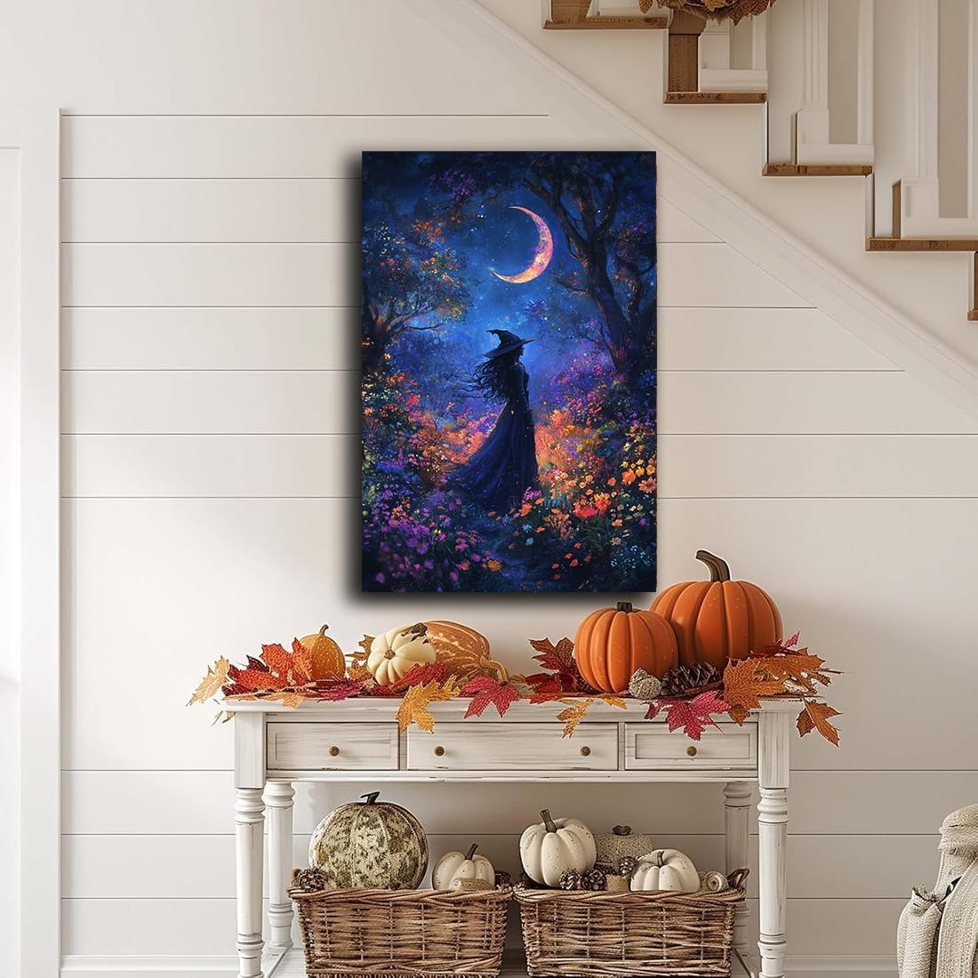 Vintage Halloween Witch Decor Mystic Gothic Wall Art Poster,Enchanting Witch Fall Whimsical Wildflowers Woodland Forest Crescent Moon Picture Art,Creepy Witchy Home Decor,16"x24" Unframed