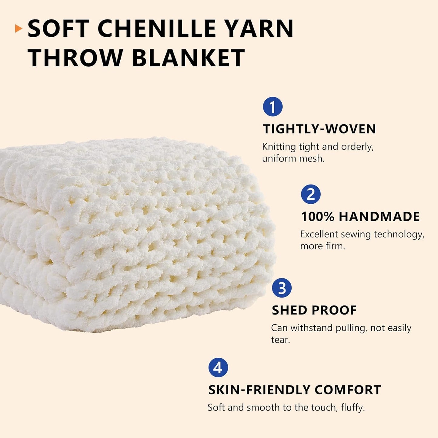 L'AGRATY Chunky Knit Blanket Throw: 80''x90'' Chenille Chunky Knitted Throw Blanket for Bed Couch - Handmade Thick Big Cable Knit Blanket - Large Chunky Crochet Blanket for Home Decor(Cream White)
