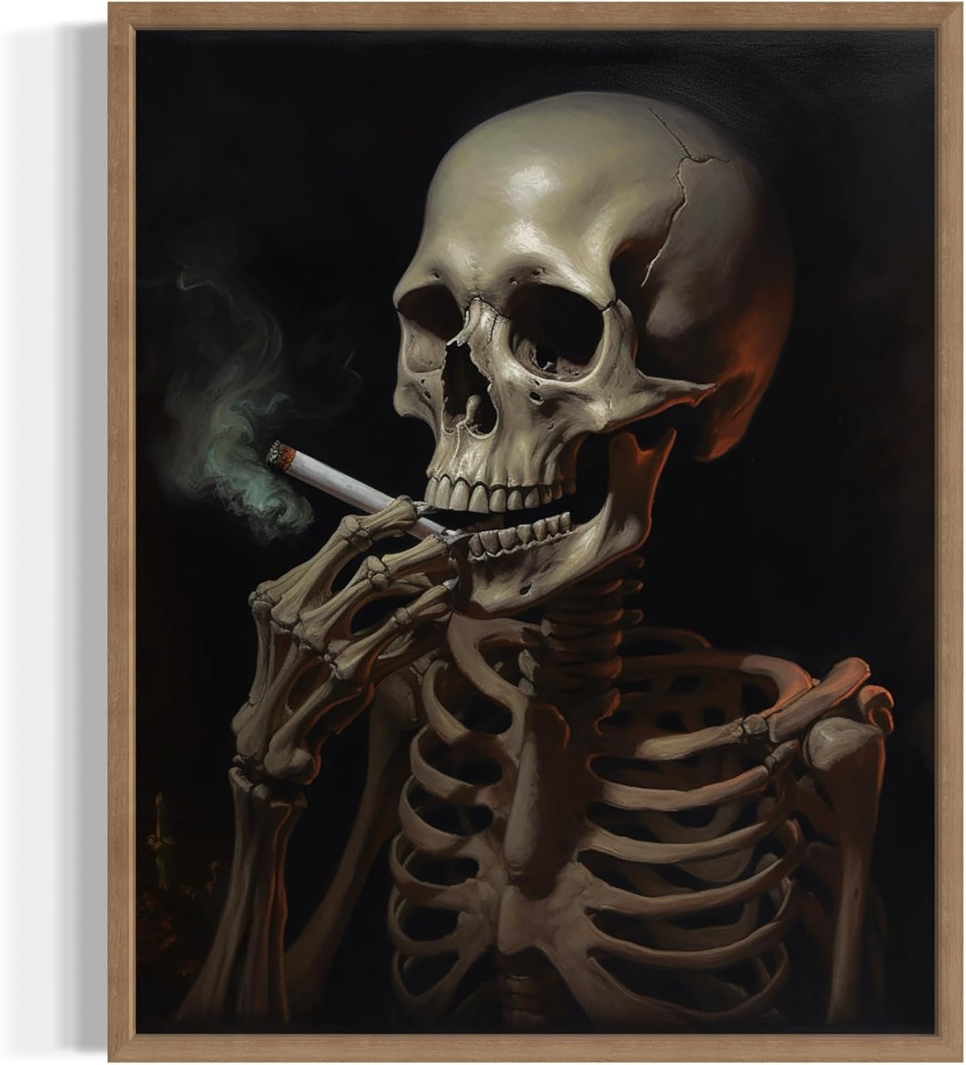 Skull Smoking Ciggarettes Poster Art Print, Halloween Scary Vintage Wall Art Academia Spooky Painting Decoration for Horror Prints, Gothic Posters Bedroom Decor 89 (Skull Smoking Ciggarettes, 16 x 20 inches, Wood Frame)