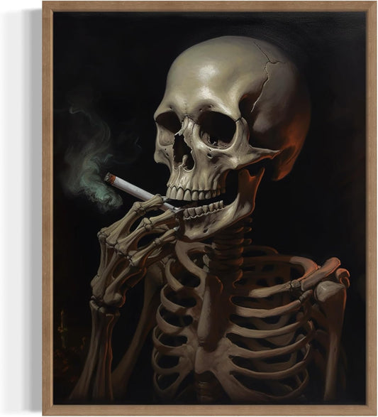 Skull Smoking Ciggarettes Poster Art Print, Halloween Scary Vintage Wall Art Academia Spooky Painting Decoration for Horror Prints, Gothic Posters Bedroom Decor 89 (Skull Smoking Ciggarettes, 16 x 20 inches, Wood Frame)
