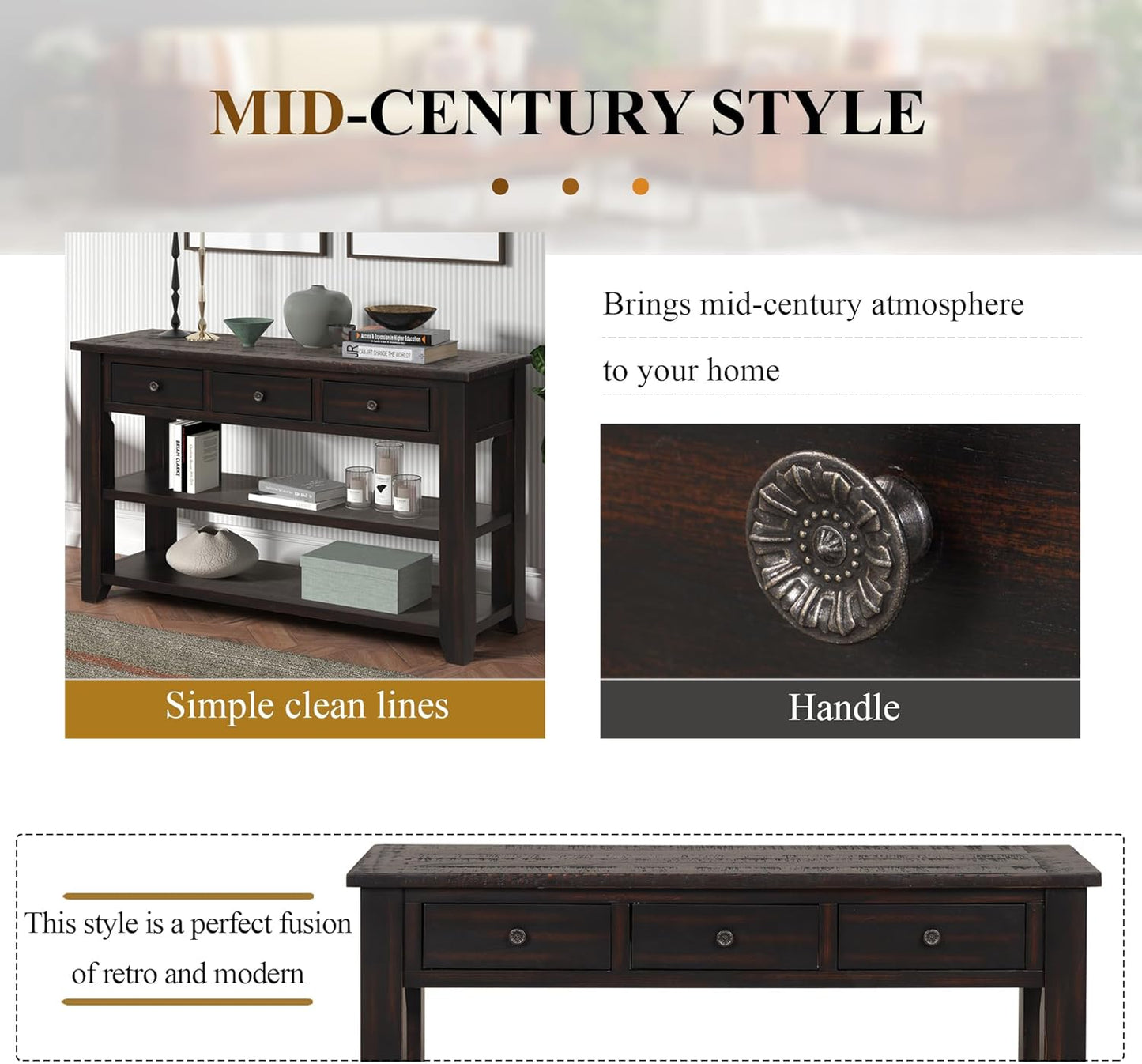 Solid Wood Console Table,Sofa Table with Storage Drawers and Bottom Shelf,Entryway Table for Entry Hallway Foyer,Fully Assembled (48.8" Distressed Black)