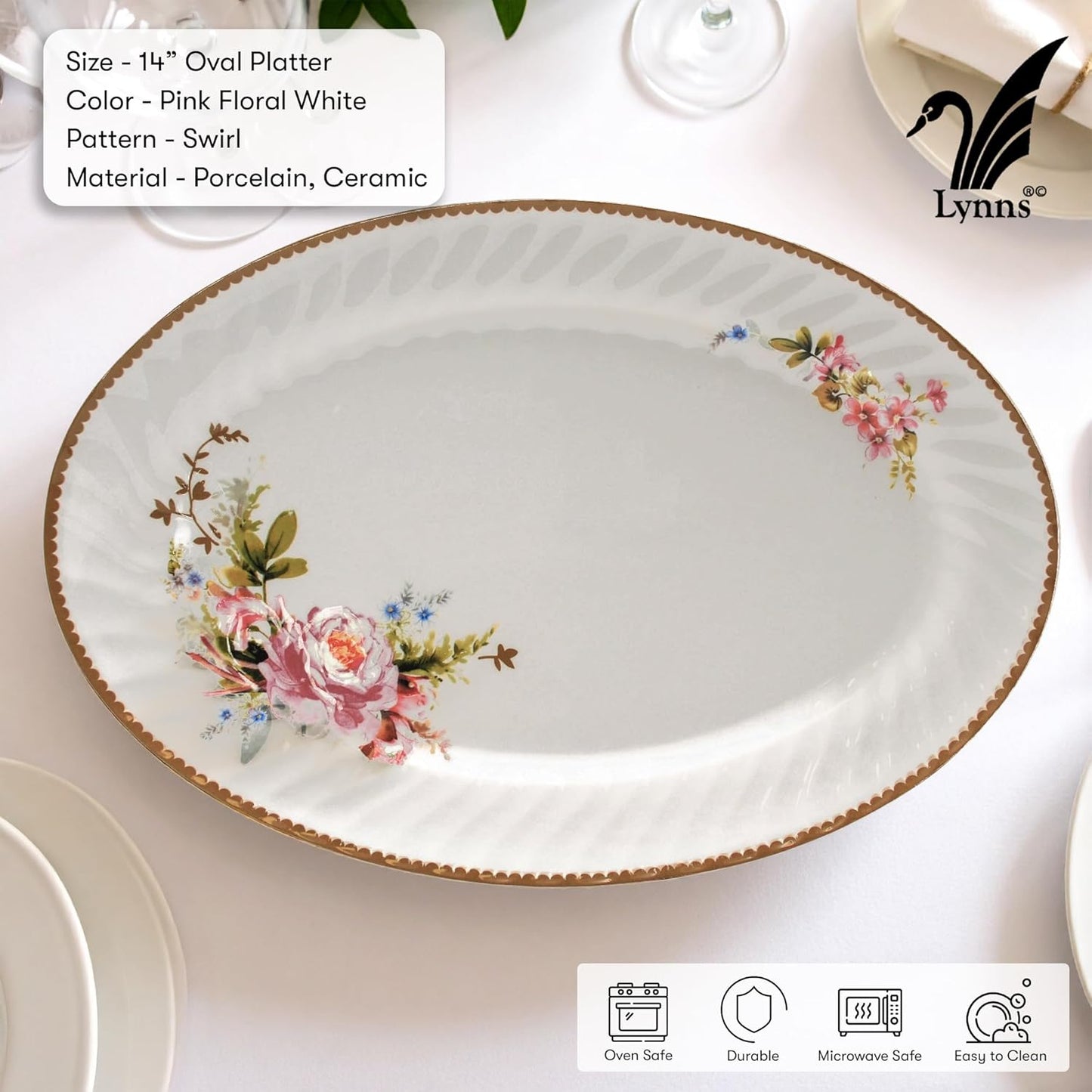 Lynns Paradise Timeless Rose 14-Inch Oval Platter, Set of 2, Pink; Heavy Duty; Chip Resistant; Lead and Cadmium Free; Freezer to Oven Safe up to 500°F