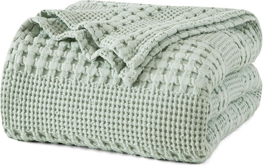PHF 100% Cotton Waffle Weave Blanket Twin Size, Soft Lightweight Breathable Cozy Summer Blankets for Bed, Luxury Aesthetic Woven Bedding for Home Decor, 66"x90", Sage Green