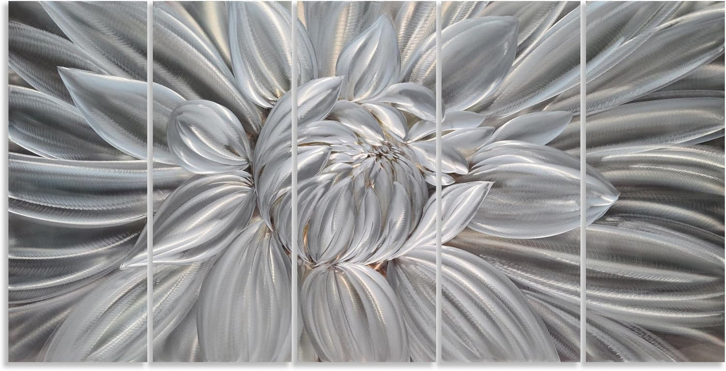 Yihui Arts Silver Metal Flower Wall Art, 5 Pieces Aluminum Artwork, Contemporary Botanical Sculpture for Living Room Bedroom Bathroom Decor
