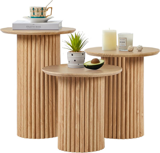 Round Nesting Coffee Table Set of 3,Mid Century Modern Fluted Coffee and End Table Set,Small Circle Wooden Side Table Drink Table for Living Room (Natural)