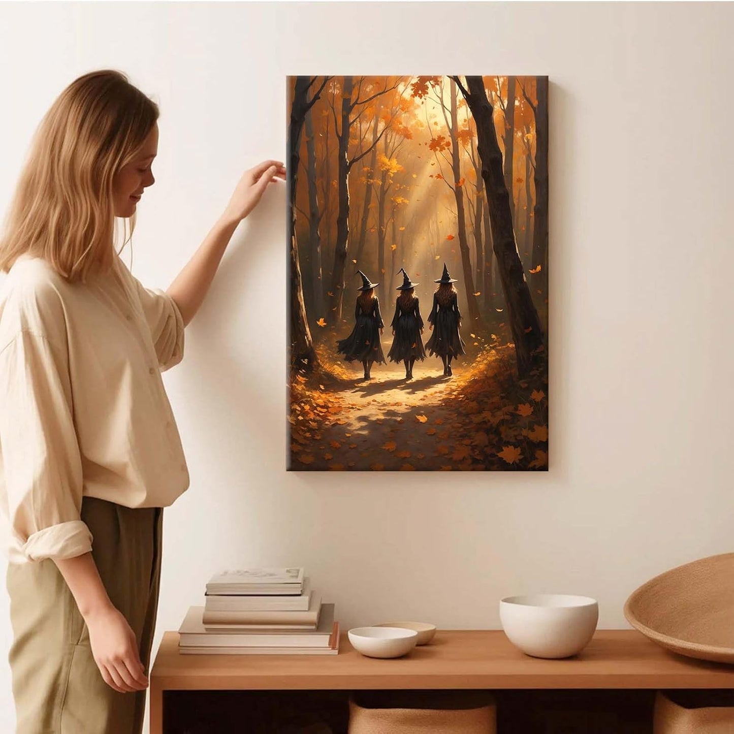 JFHCQJPK Three witches walking in the forest in autumn canvas painting gothic poster halloween print country witch wall art for home decoration32x48in Frameless