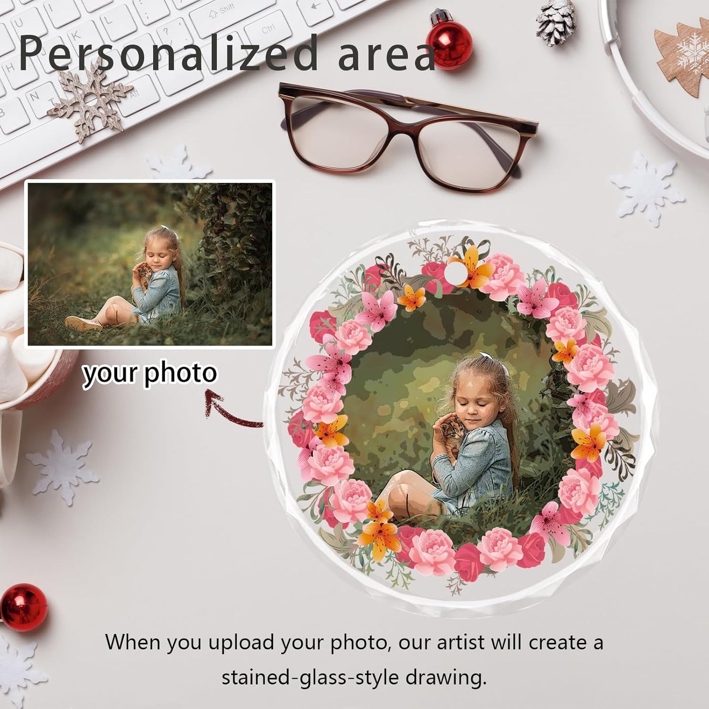 Personalized Christmas Ornaments, Custom Glass Ornament with Photo,Customized Christmas Tree Decor Gifts for Pet, Dad, Mom, Him, Her, Flower Wreath