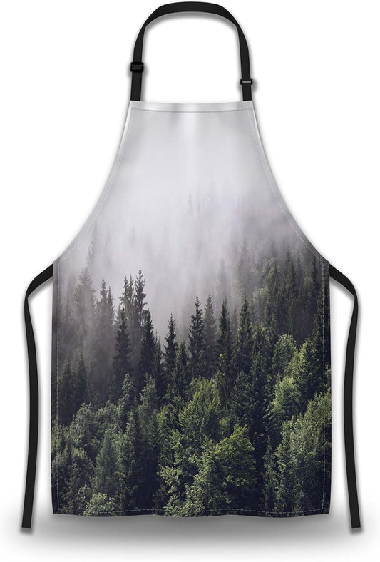 Garden Apron for Men Forested Mountain Slope in Low Lying Cloud Kitchen Aprons for Women for Kitchen Cooking Restaurant BBQ Painting Crafting Gardening 27” (W) x 31” (H), Waterproof Aprons