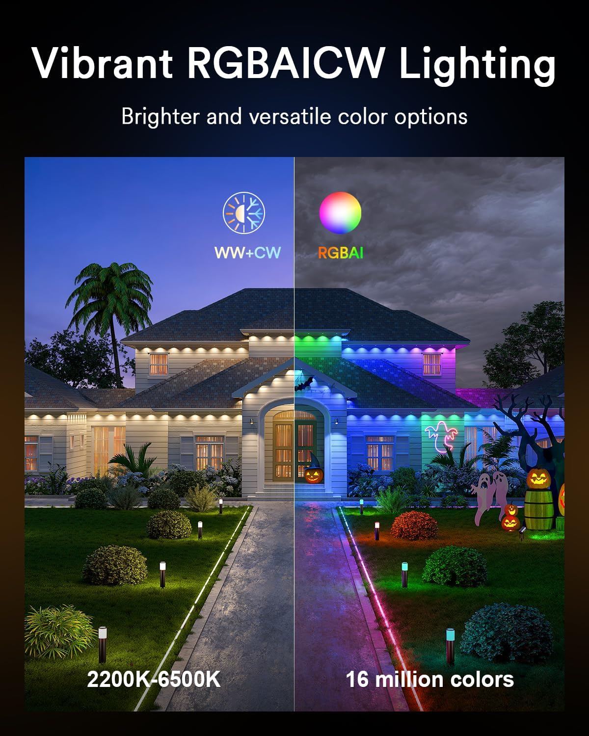 Lumary Permanent Outdoor Lights Max 158ft with 120 LED Eave Lights RGBAICW 7200lm, IP67 Waterproof, IC Control and Scene Modes for Halloween Christmas Decoration, Works with Alexa and Google Assistant