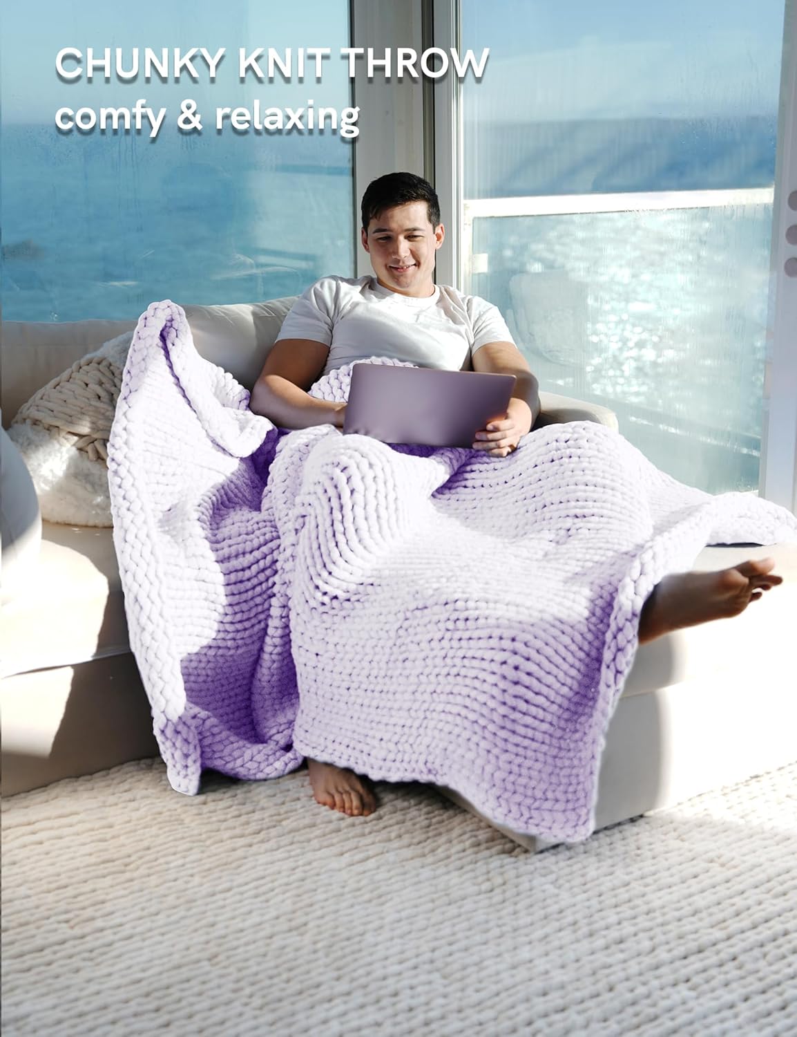 YnM Chunky Throw Blanket, Medium-Weight, Hand Knitted, Skin Friendly, Ventilated and Breathable, Machine Washable, Home Décor Piece for Couch, Sofa and Bed (Iris Lavender, 50x70 Inch)