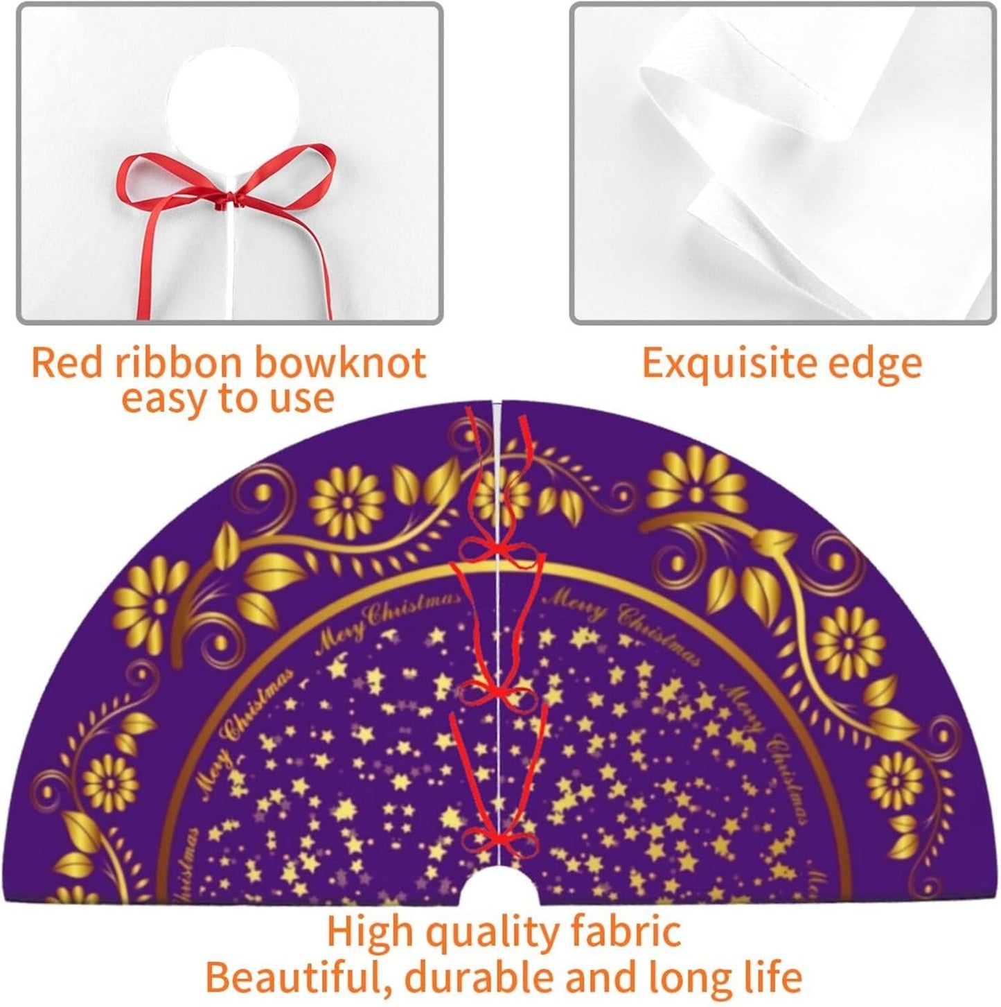 48" Large Christmas Tree Skirt, Elegant Modern Purple Gold Pattern Tree Mat Base Cover for Xmas Festive Holiday Party Decoration Ornaments