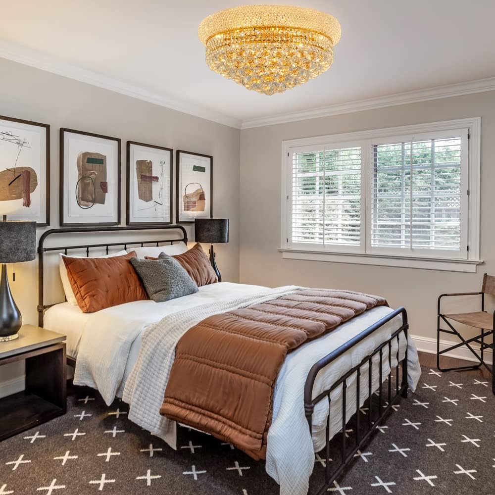 9-Light Crystal Flush Mount Chandelier Ceiling Light Fixture for Living Room Dining Room Bedroom Foyer Entryway Hallway Closet Bathroom (Gold D22)