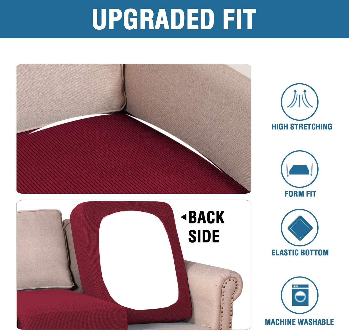 H.VERSAILTEX Super Stretch Individual Seat Cushion Covers - Sofa & Couch Cushion Slipcover Sets - Thick Jacquard Textured Twill Fabric (3 Piece XL Sofa Cushion Covers, Burgundy Red)