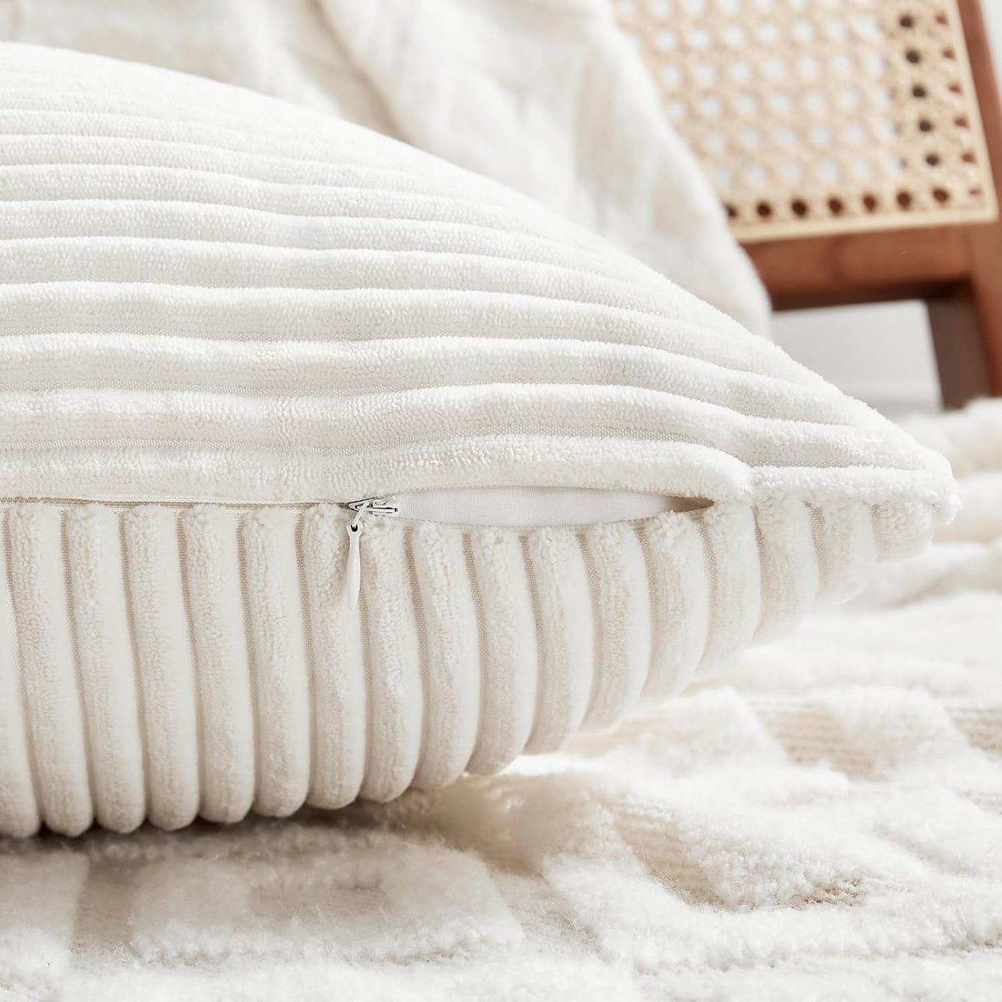 Fancy Homi 2 Packs Cream White Euro Decorative Throw Pillow Covers 26x26 Inch for Couch Bed Sofa, Farmhouse Boho Home Decor, Soft Corss Corduroy Patchwork Textured Square Cushion Case 66x66 cm