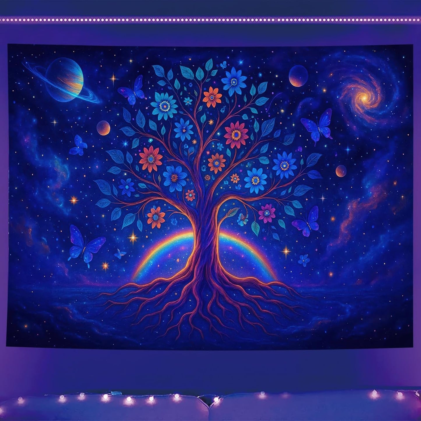 Starlit Patio Cosmic Tree Blacklight Tapestry UV Reactive Wall Hanging Rainbow Roots Flowers and Planets for Bedroom Dorm Living Room Glowing Spiritual Decor Fluorescent Trippy Poster 78 x 59 Inch