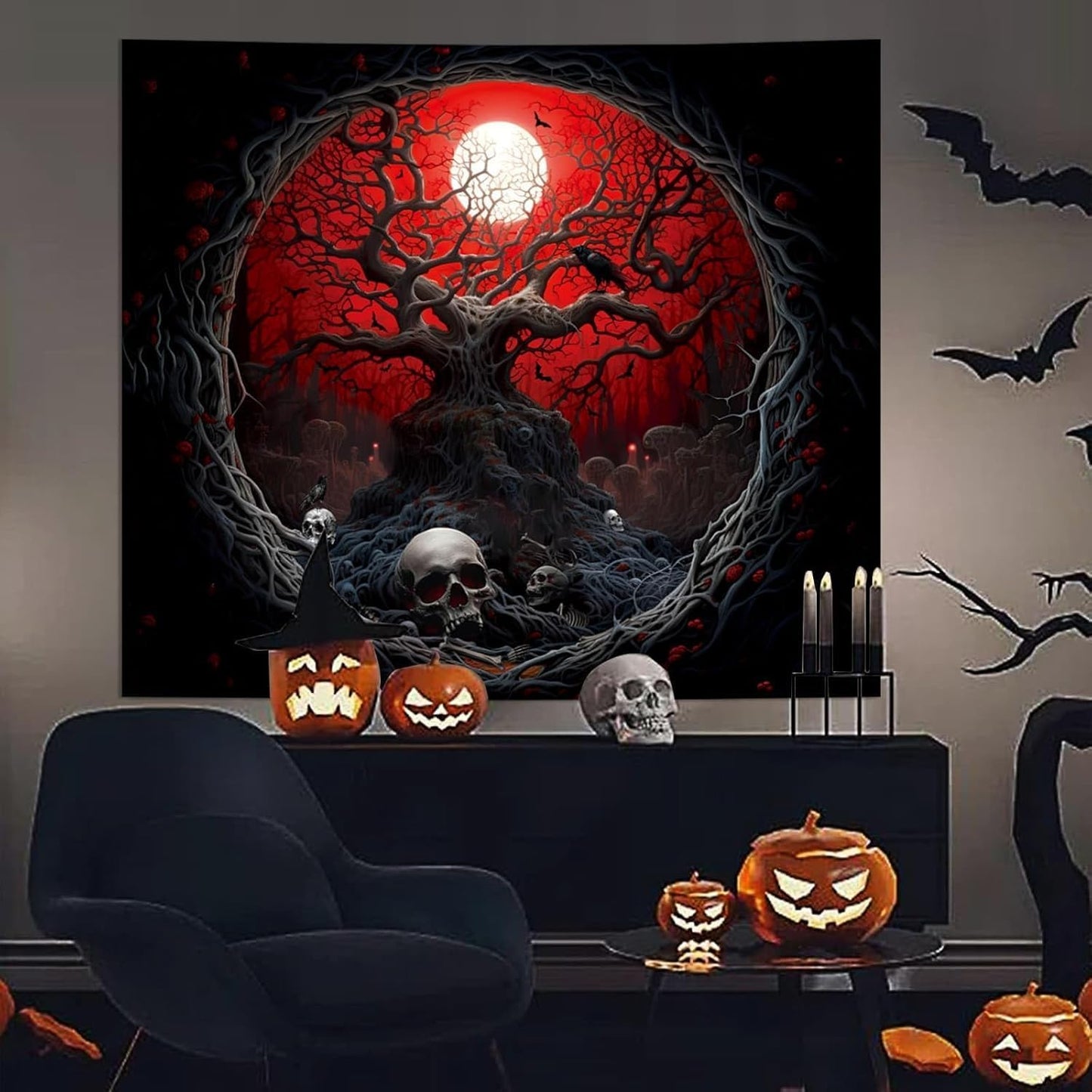 Atrippy Halloween Black Red Anime Tapestry, Gothic Dark Forest Moon Wall Hanging, Nature Skull Withered Tree Landscape Tapestries for Bedroom Living Room Men Dorm 60x 79 Inches