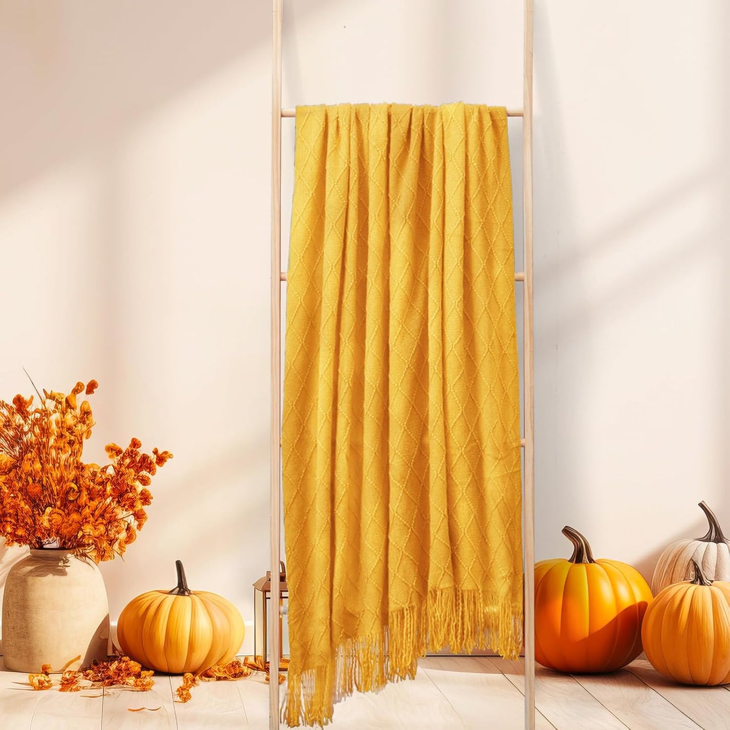 inhand Knitted Fall Throw Blanket for Couch and Bed, Knit Fall Decor Halloween Blanket with Tassel, Mustard Yellow Lightweight Decorative Farmhouse Warm Woven Blankets and Throws for Women, 50"x60"
