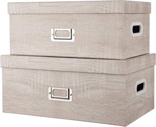 Briful Set of 2 Rustic Wood Grain Storage Boxes with Lids – Stackable Rectangular Organizer Bins, 14'' + 13'' Set Decorative Storage Containers for Bedroom, Living Room, Gifts