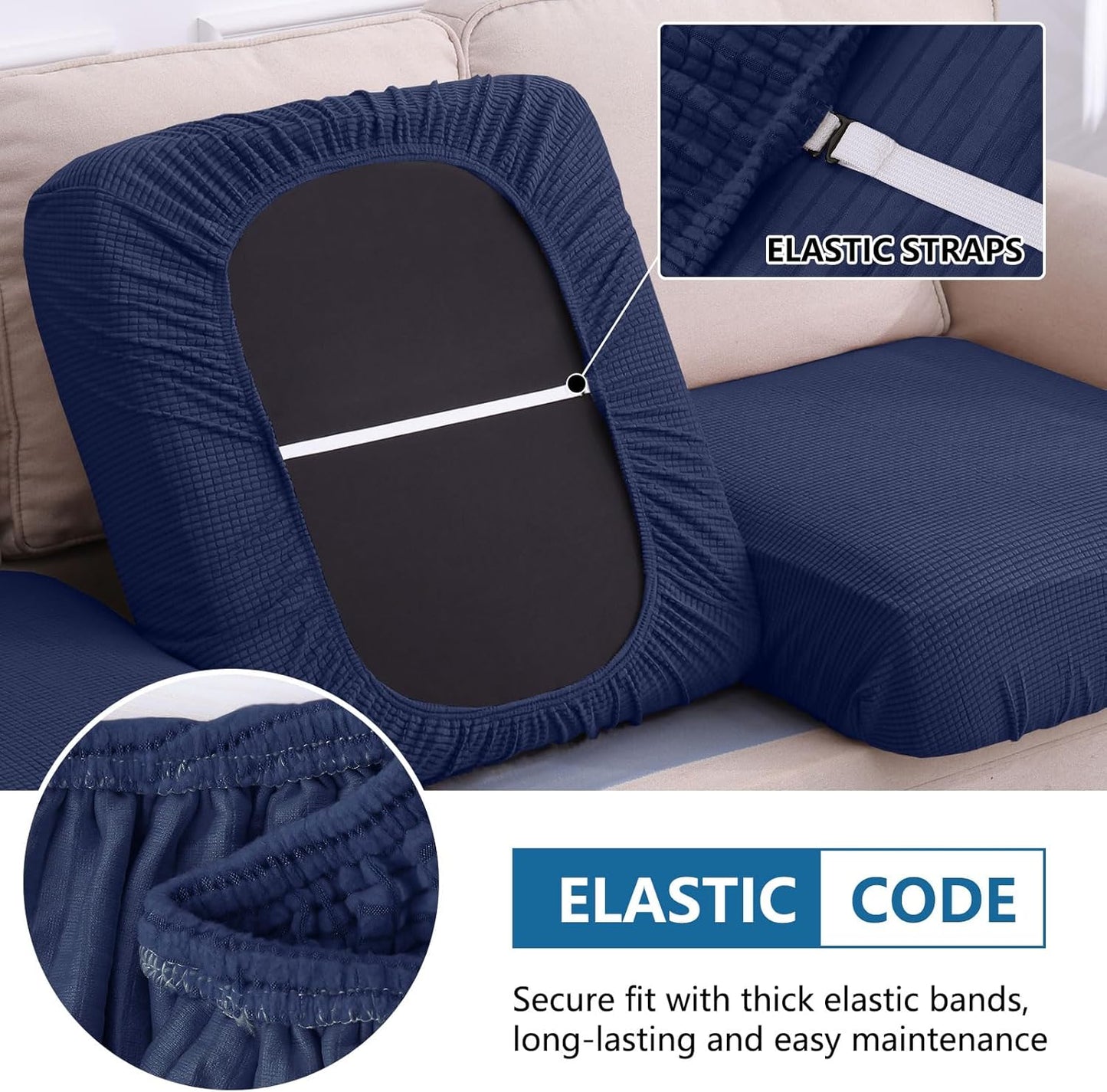 hyha Waterproof Couch Cushion Covers for Pets, Non Slip Sofa Seat Cover for Dogs Washable, Soft Thick Stretch Jacquard Fabric, Sofa Slipcovers with Elastic Bottom (3 Pieces, Navy)