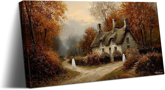 Laoife Halloween Canvas Wall Art, Vintage Spooky Farmhouse Autumn Rustic Landscape Wall Decoration, Ghost on Rural Roads for Living Room Bedroom Home Decor (Ghost 1)