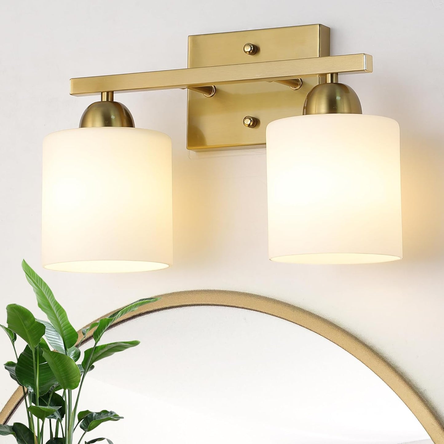 Stainless Steel Milk Glass Vanity Lights for Bathroom, 2 Light Gold Bathroom Light Fixtures Over Mirror, Ceramic E26 Sockets Wall Mounted