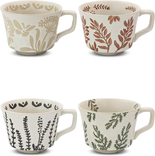 Ceramic Coffee Mug, 12 oz Novelty Unique Teacup with Large Handle, Stoneware Cup for Tea Mocha Latte Cappuccino Espresso (Set of 4, Butterfly Grass Ivy and Leaf)