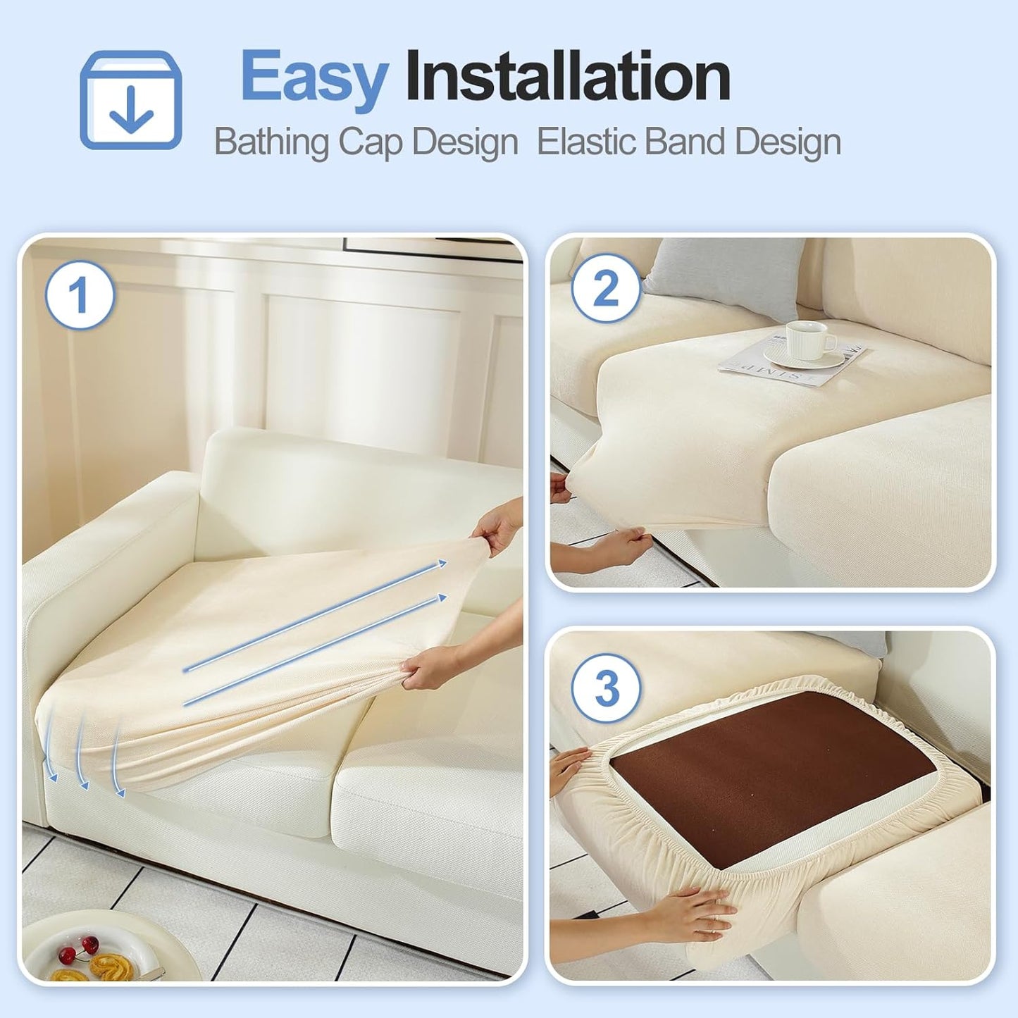 Large Backrest Cushion Covers Super Stretch Backrest Covers for 3 Cushion Couch Sofa, Couch Back Cushion Covers Featuring with Chenille Yarn (Softer Version, 3PC, Beige)