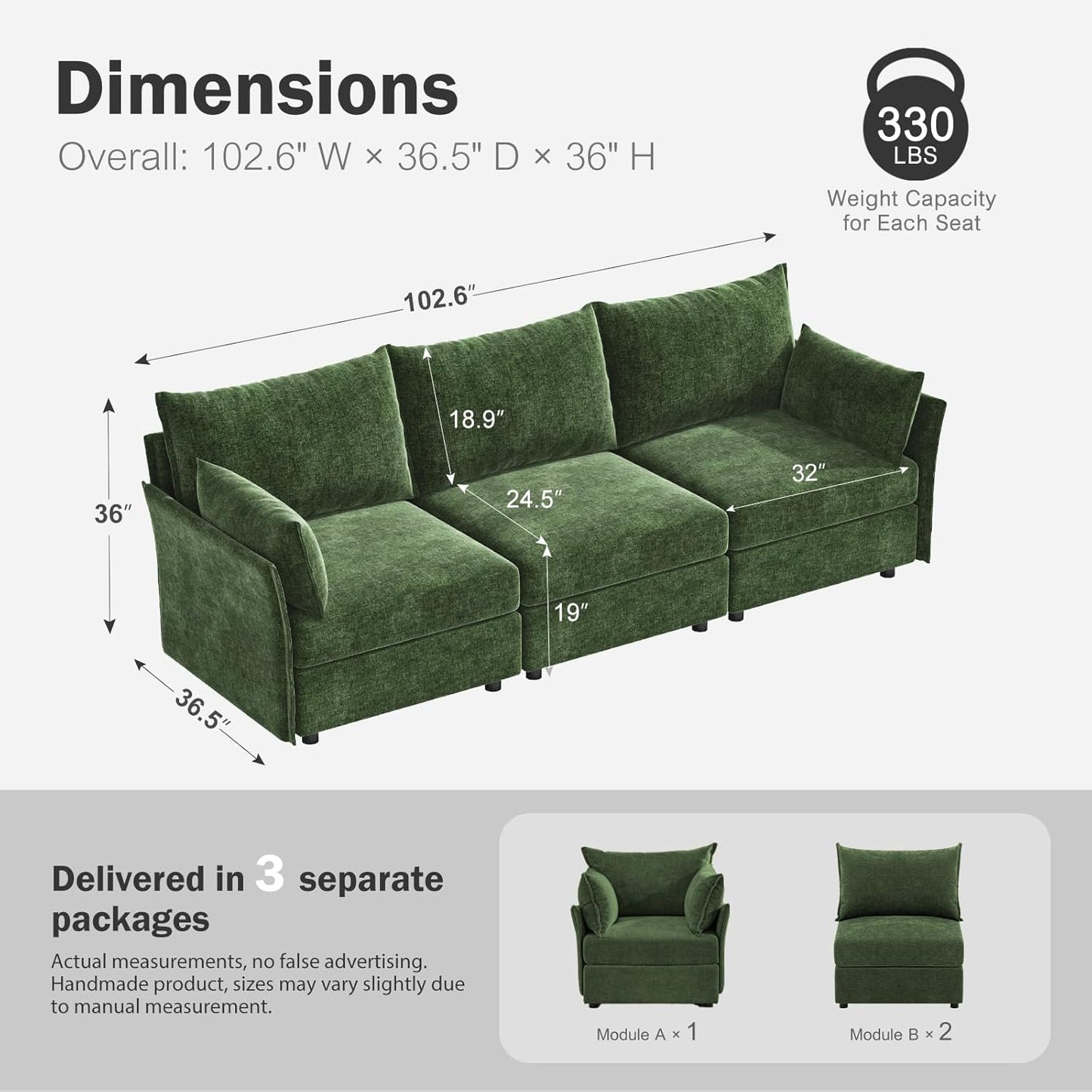 102.6" Modular Sectional Sofa, Oversized 3-Seater Green Couch with Removable Chenille Fabric Cover, Deep Seat & High Backrest for Living Room, Office & Apartment