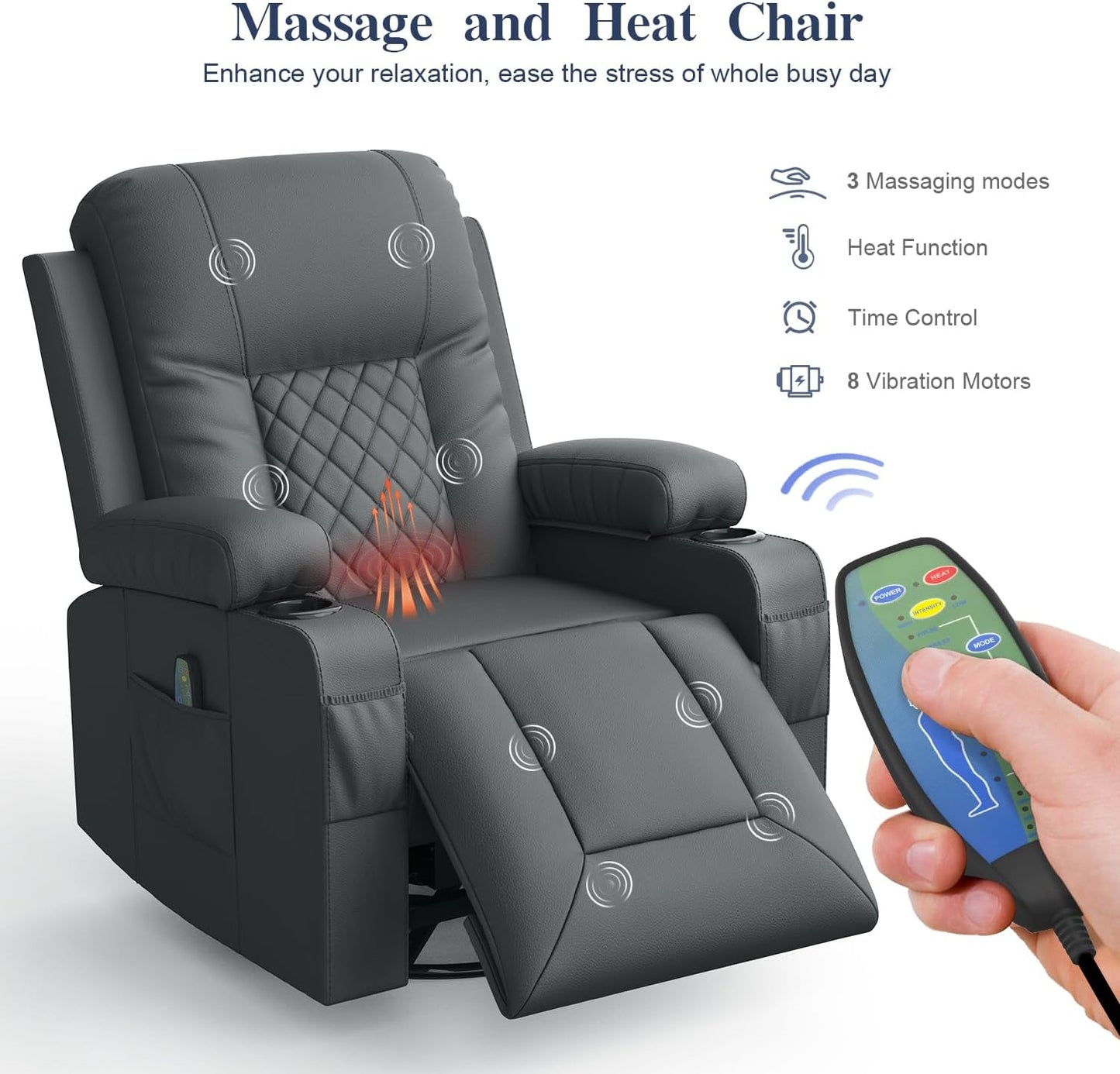 Recliner Chairs for Adults, Massage Rocker with Heated Modern Ergonomic Lounge 360 Degree Swivel Single Sofa Seat Living Room Lounge Recliners Gray