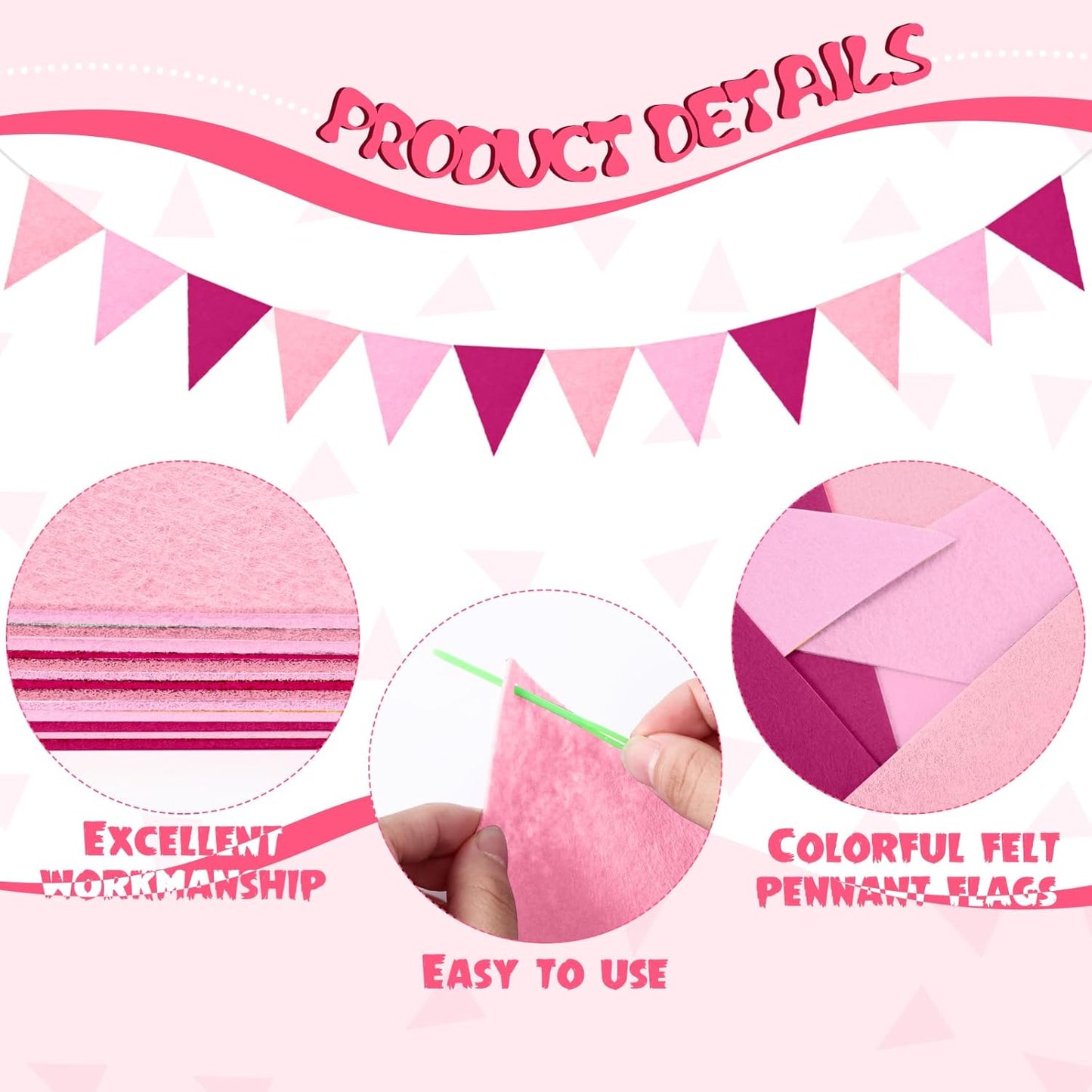 Irenare 9.8 ft Pom Pom Garland Felt Colorful Tassel Banner Christmas Party Pompoms Garland Decorations Felt Pennant Banner for Classroom Home Mantel Fireplace Birthday(Pink)