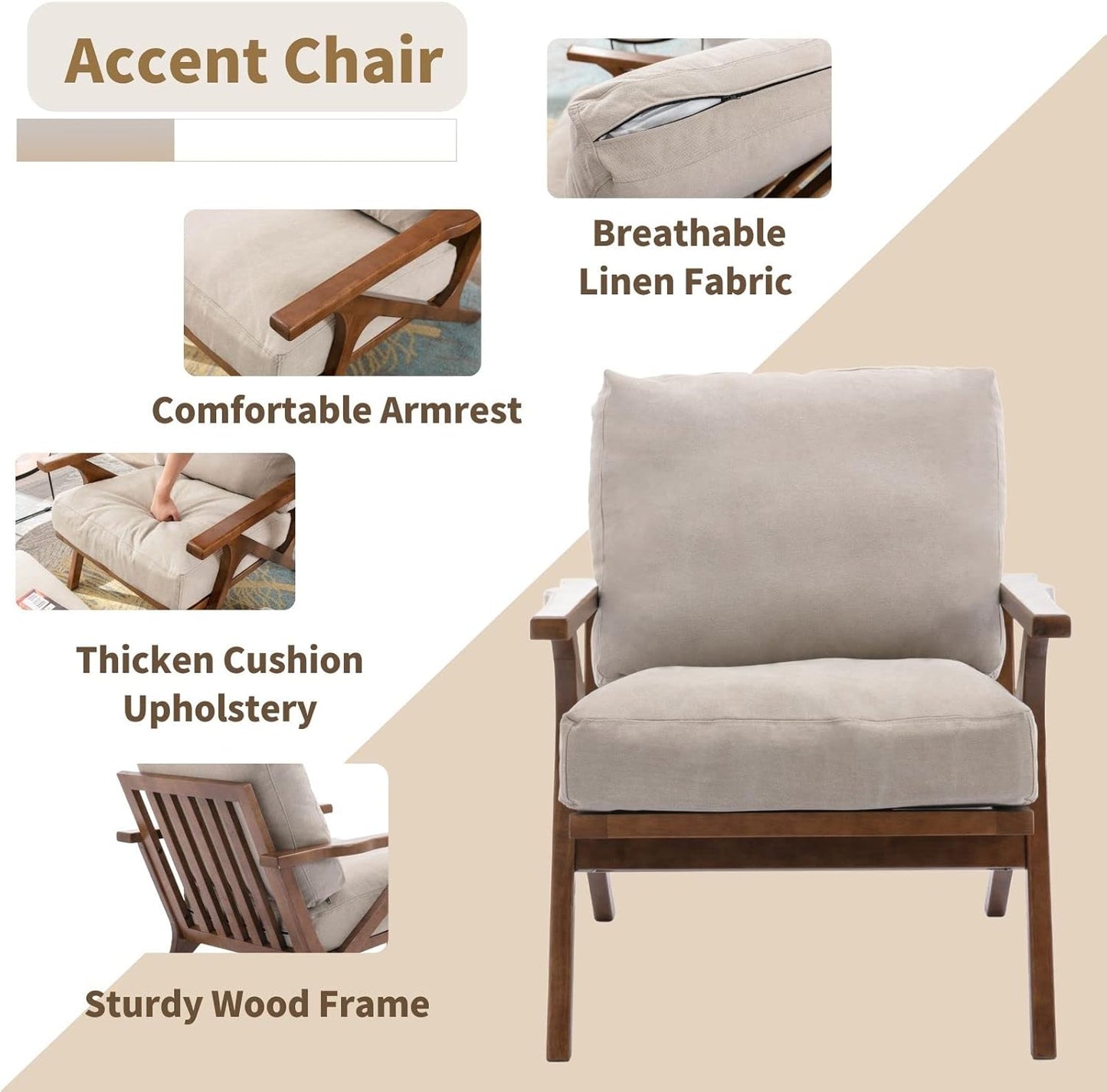 Mid Century Modern Accent Chair with Ottoman, Farmhouse Linen Upholstered Living Room Armchair and Ottoman Set, 23" Seat Wide Retro Leisure Lounge Chair with Wood Frame for Home, Bedroom, Beige