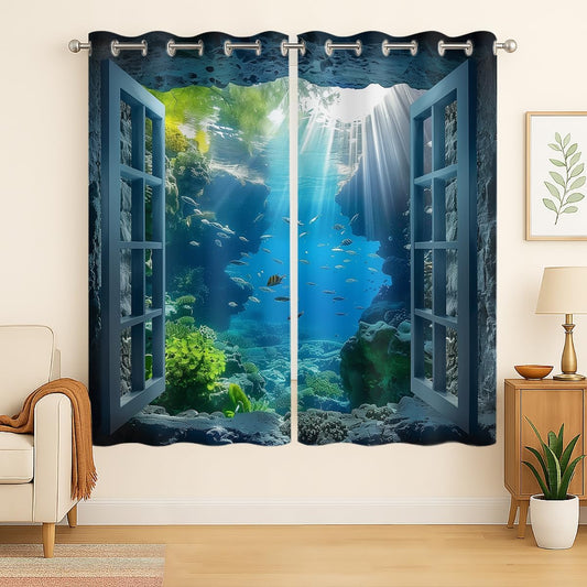 Ocean Fishs Blackout Curtains for Girls Boys Home Decor, Underwater Tropical Fish Undersea Coral Grommet Thermal Insulated Drapes Darkening Window Curtain for Bedroom Living Room, 42 x 63 Inch
