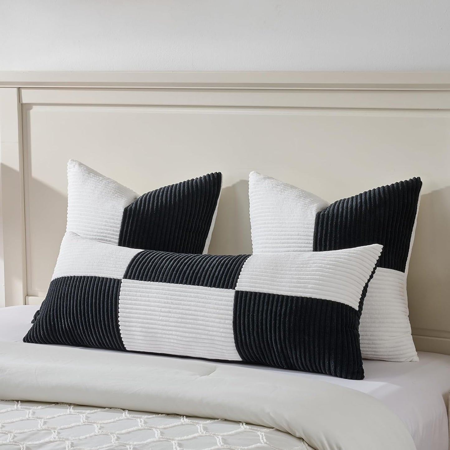 Fancy Homi Set of 2 Black White Euro Decorative Throw Pillow Covers 26x26 Inch for Bedroom Couch Bed, Farmhouse Boho Home Decor, Soft Cross Corduroy Patchwork Textured Square Cushion Case 66x66 cm