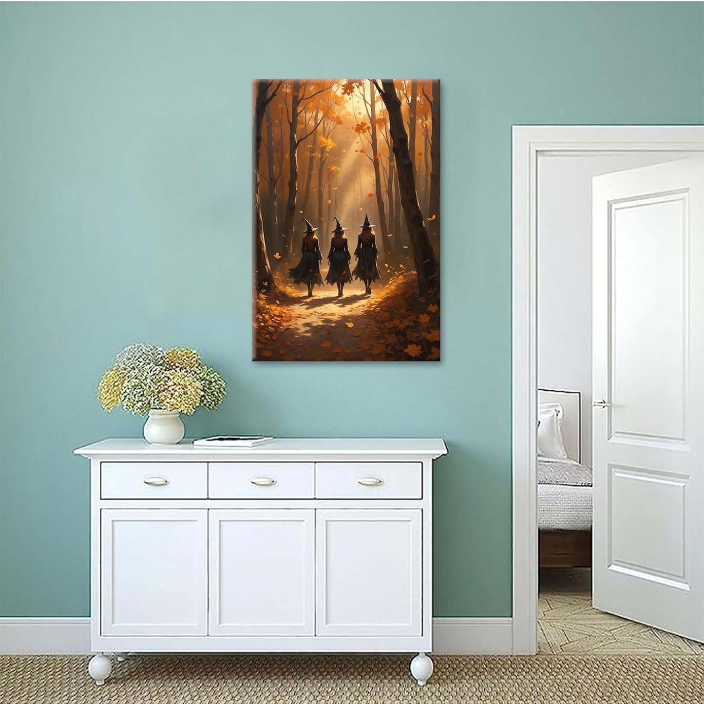 Three witches walking in the forest in autumn canvas painting gothic poster halloween print country witch wall art for home decoration20x30in Wood Framed