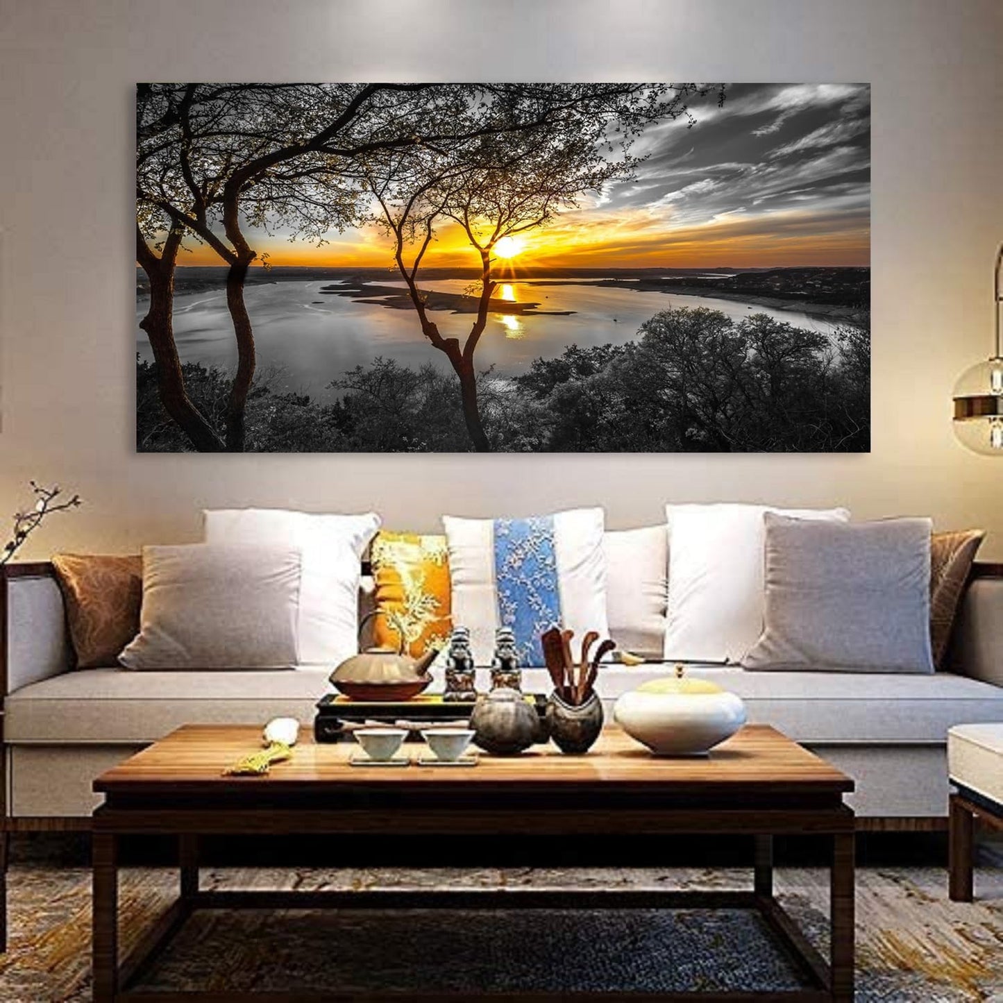 Bamdeya Black and White Canvas Wall Art Bedroom large Lake Tree Print Art Forest Gold Sunset Poster Picture Natural Scenery Wall Decor Living Room Landscape Painting Office Home Decorations Framed