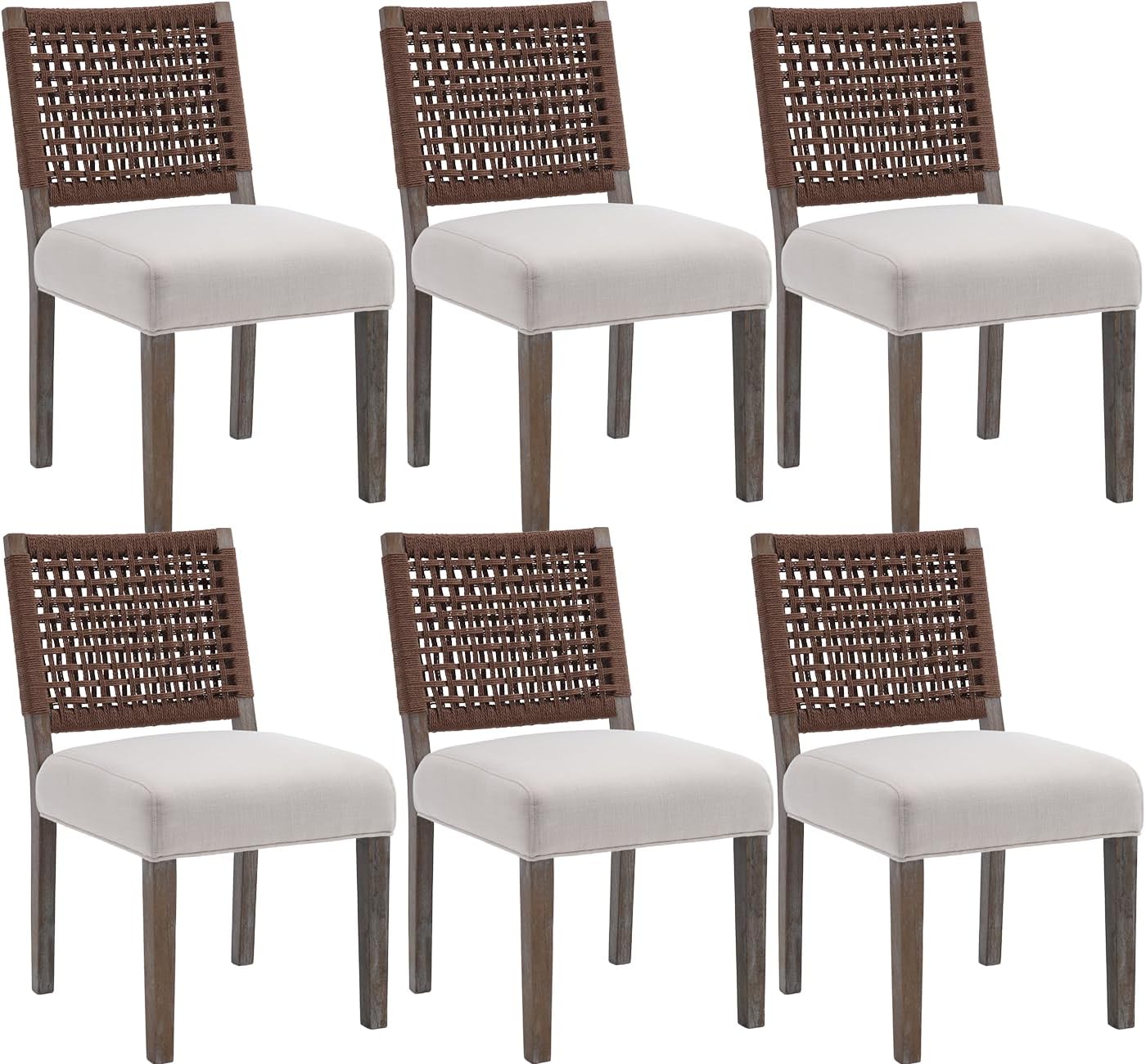 Kmax Farmhouse Dining Chairs Set of 6, Rustic Kitchen Chairs with Linen Fabric Seat and Woven Back, Vintage Accent Chairs for Dining Room, Living Room, Beige