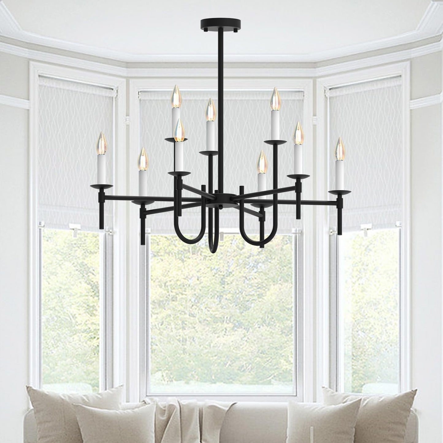 Farmhouse Black Chandelier, Modern Candle Hanging Lamp, Round LED Ceiling Pendant Lights for Kitchen Island Living Room Bedroom Dining Room (Black-B 9Lights)