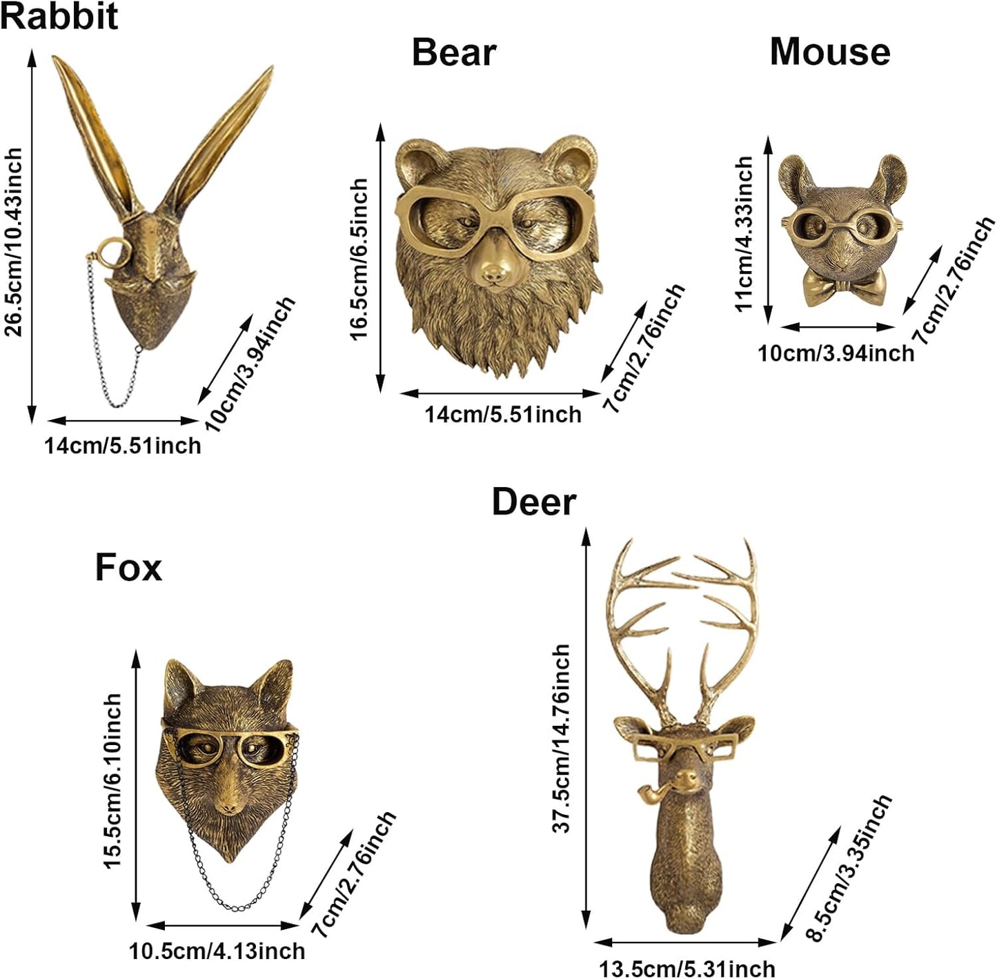 GUASDIE Animal Heads Wall Decor, Faux Deer Head Mount, Animal Sculptures Wall Decor, Resin Animal Head Wall Hanging Decoration for Living Room Bedroom Kitchen Gift,5pcs, 1587574779-65291236