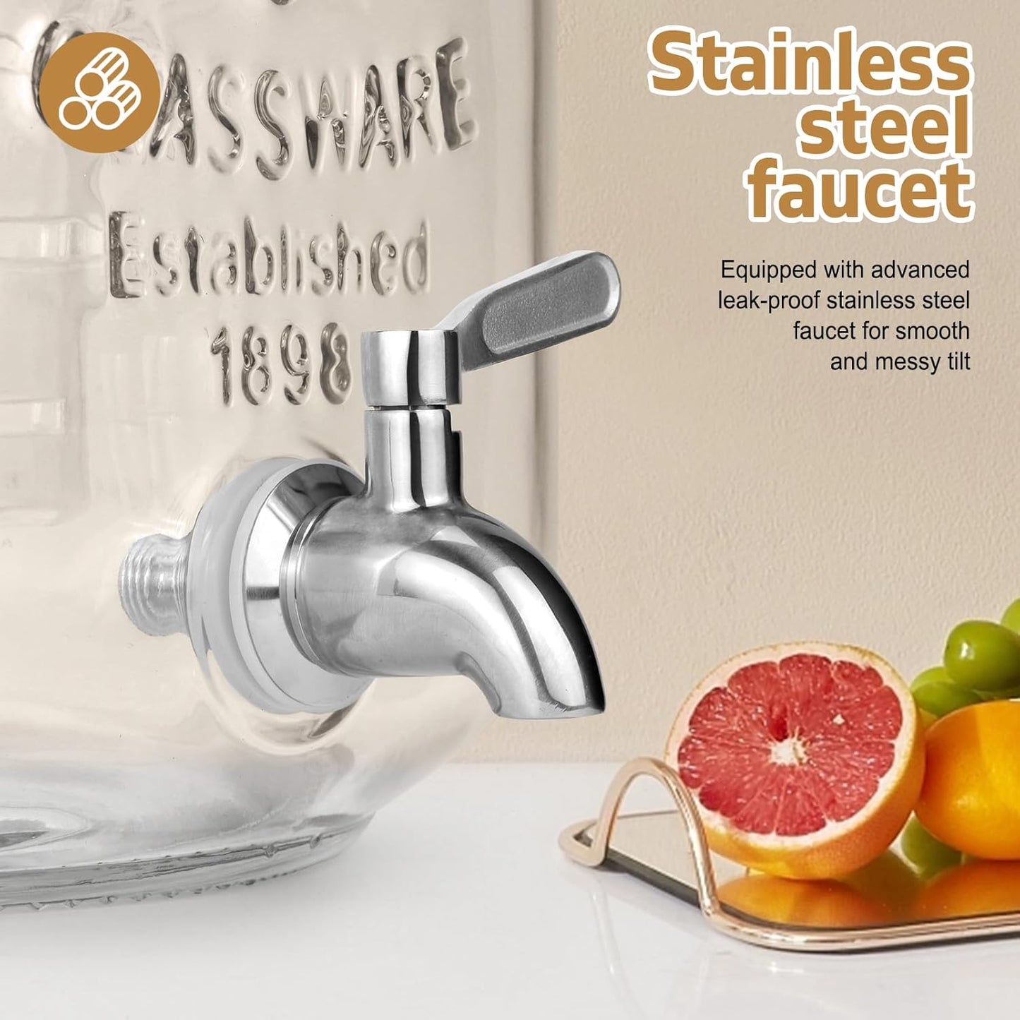 DD&HAPP Gallon Glass Drink Dispensers For Parties 2PACK.1.5Gallon Beverage Dispenser,Glass Drink Dispenser With Stand And Stainless Steel Spigot 100% Leakproof.Lemonade Dispenser With Ice Cylinder.