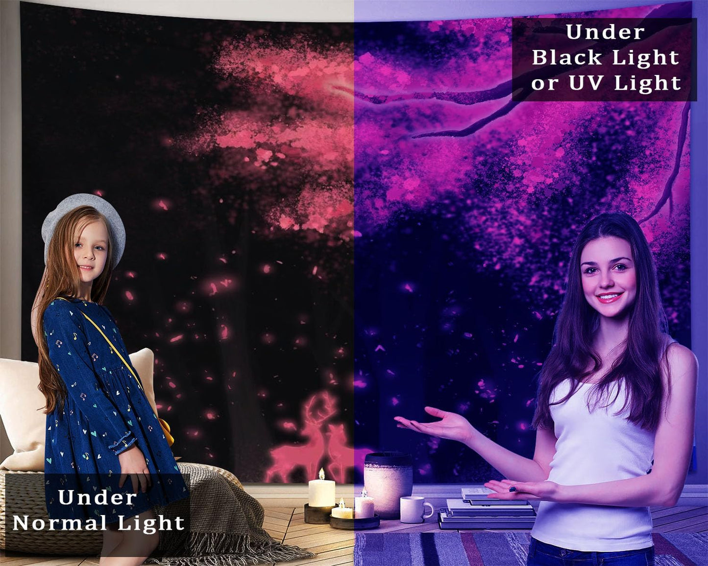 dueeia Blacklight Cherry Blossom Tapestry Wall Hanging Glow in the Dark Uv Nature Tapestries for Bedroom Aesthetic Living Room Wall Decor(90.6"x70.9")