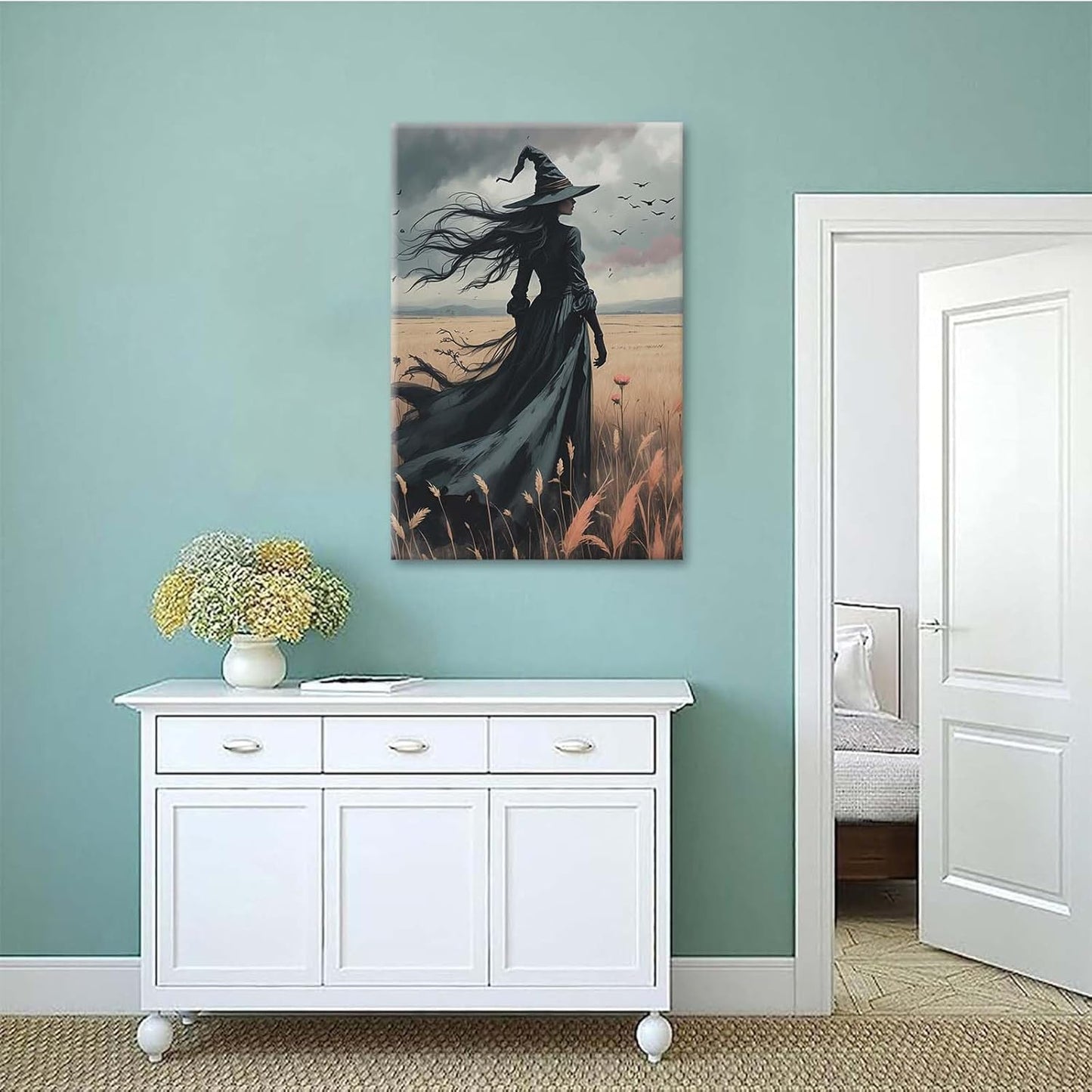 JFHCQJPK Gothic Decor Canvas Wall Art Witch in Rice Field Halloween Art Decor Print Nature Print Victorian Home Bedroom24x36in Frameless