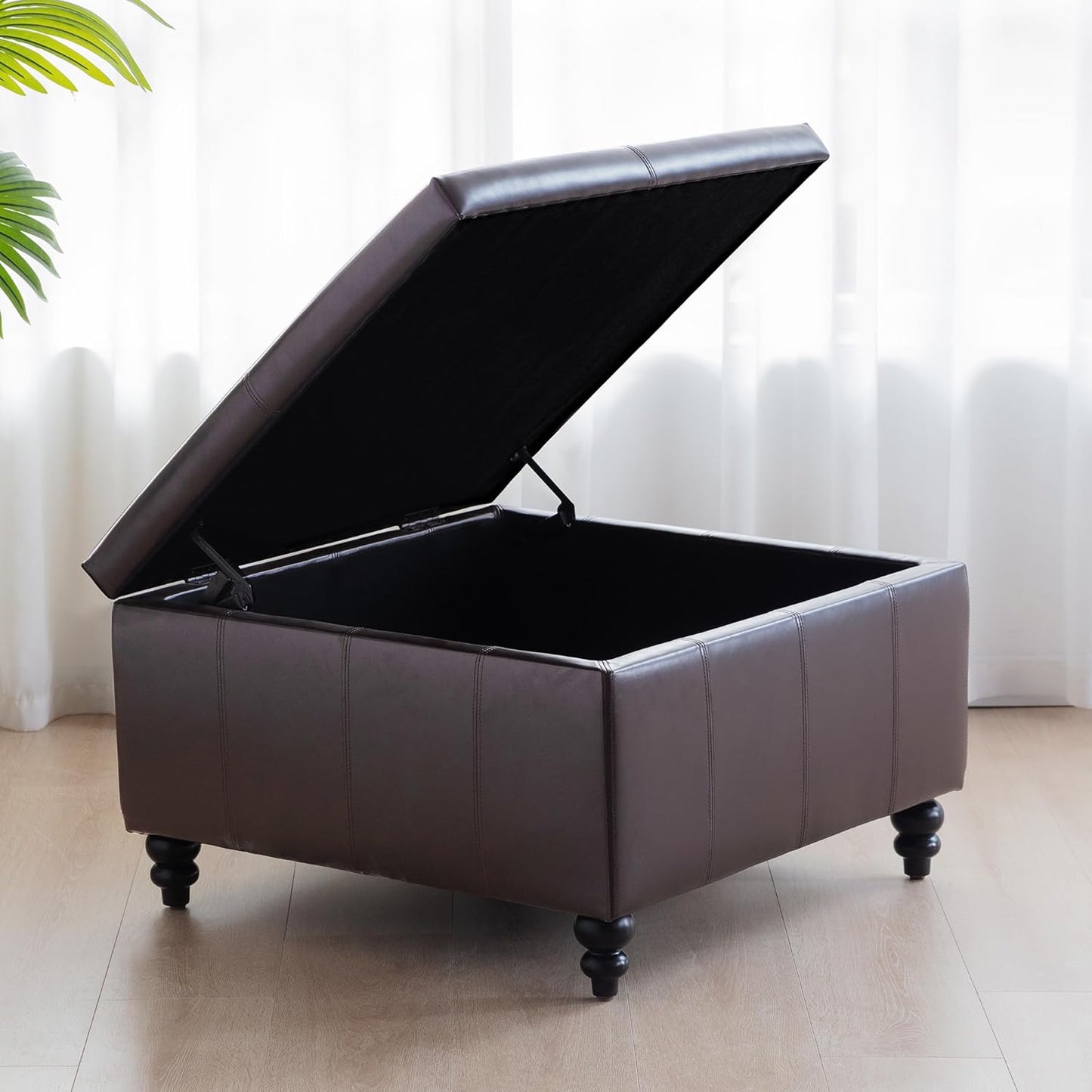 HUIMO Square Leather Storage Ottoman,Ottoman Coffee Table with Storage for Living Room (Brown)