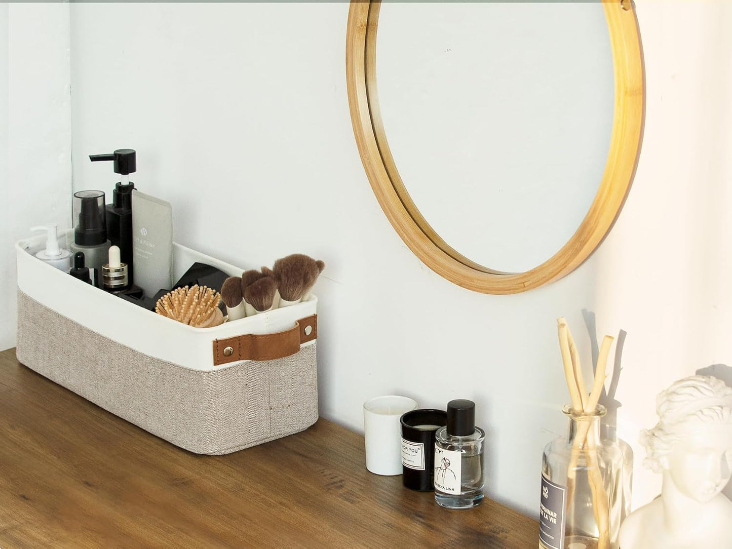 StorageWorks Narrow Storage Bins, Small Baskets for Organizing, Long Storage Basket with Handles, Fabric Storage Bins for Shelf, Brown and White, 2-Pack