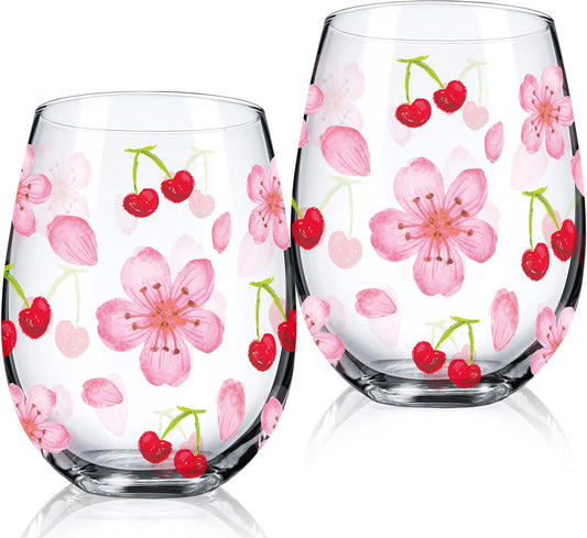 Sliner 2 Pack 17oz Cherry and Flower Stemless Wine Glasses Cherry Blossom Drinking Glasses Floral Tumbler Cups for Women Birthday Anniversary Gift Parties Supplies