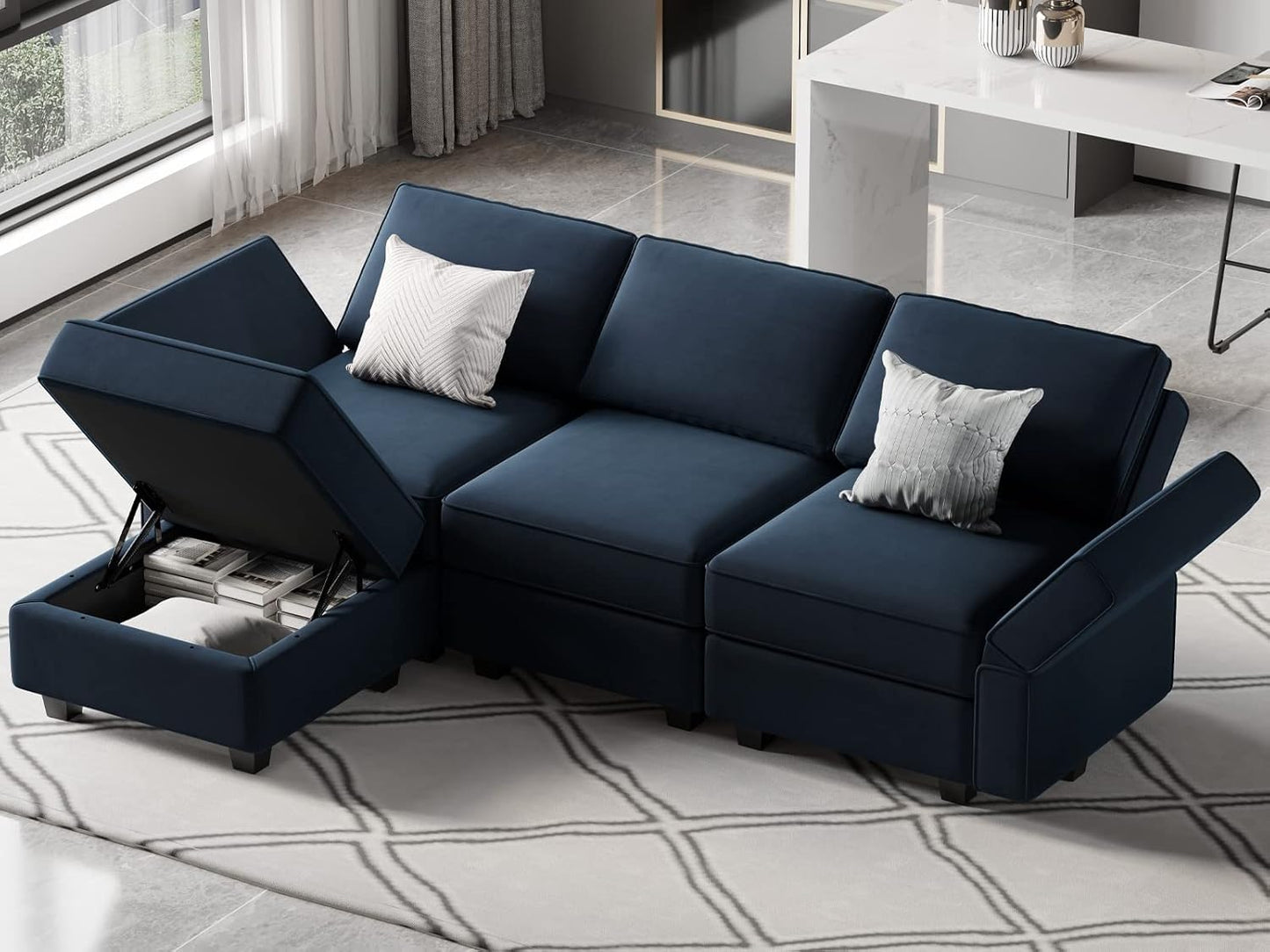 Belffin Convertible Sectional Sofa with Chaise Velvet L Shaped Sofa Couch Modular Sectional Sofa with Storage Blue