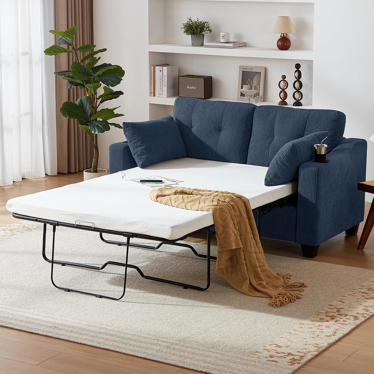 Pull Out Sofa Bed, Full Size Sleeper Sofa, 2-in-1 Convertible Corduroy Couch with USB Charging, Memory Form Couch for Living Room, Apartment and Small Space (Navy Blue, Corduroy - Full Size)