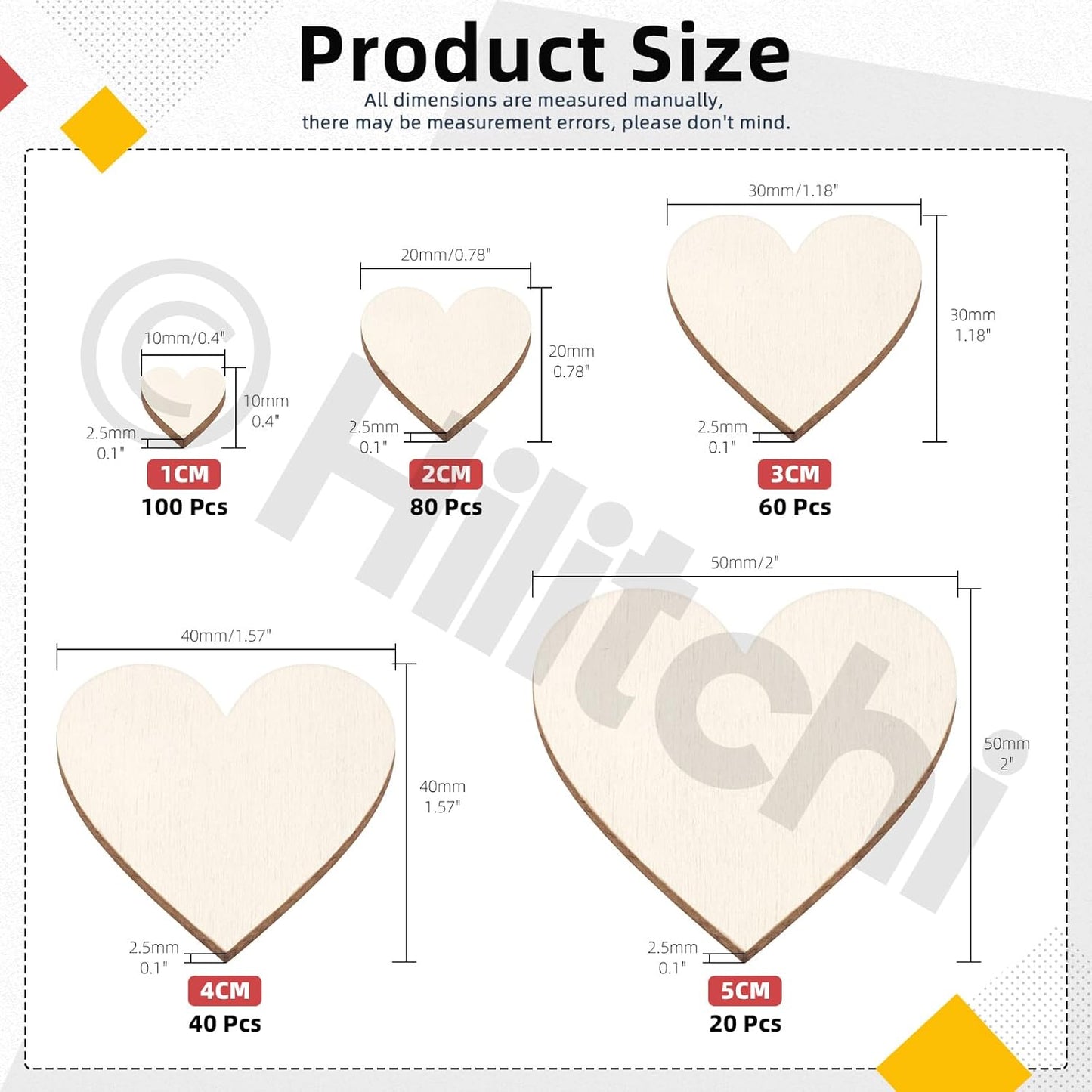 Hilitchi 300Pcs 5Sizes Unfinished Wooden Hearts Wood Hearts Craft Unfinished Wooden Hearts Ornanents Wooden Hearts Shape Blank Wood Ornaments Cutout Blank Wood for DIY Art Crafts Home Decorations