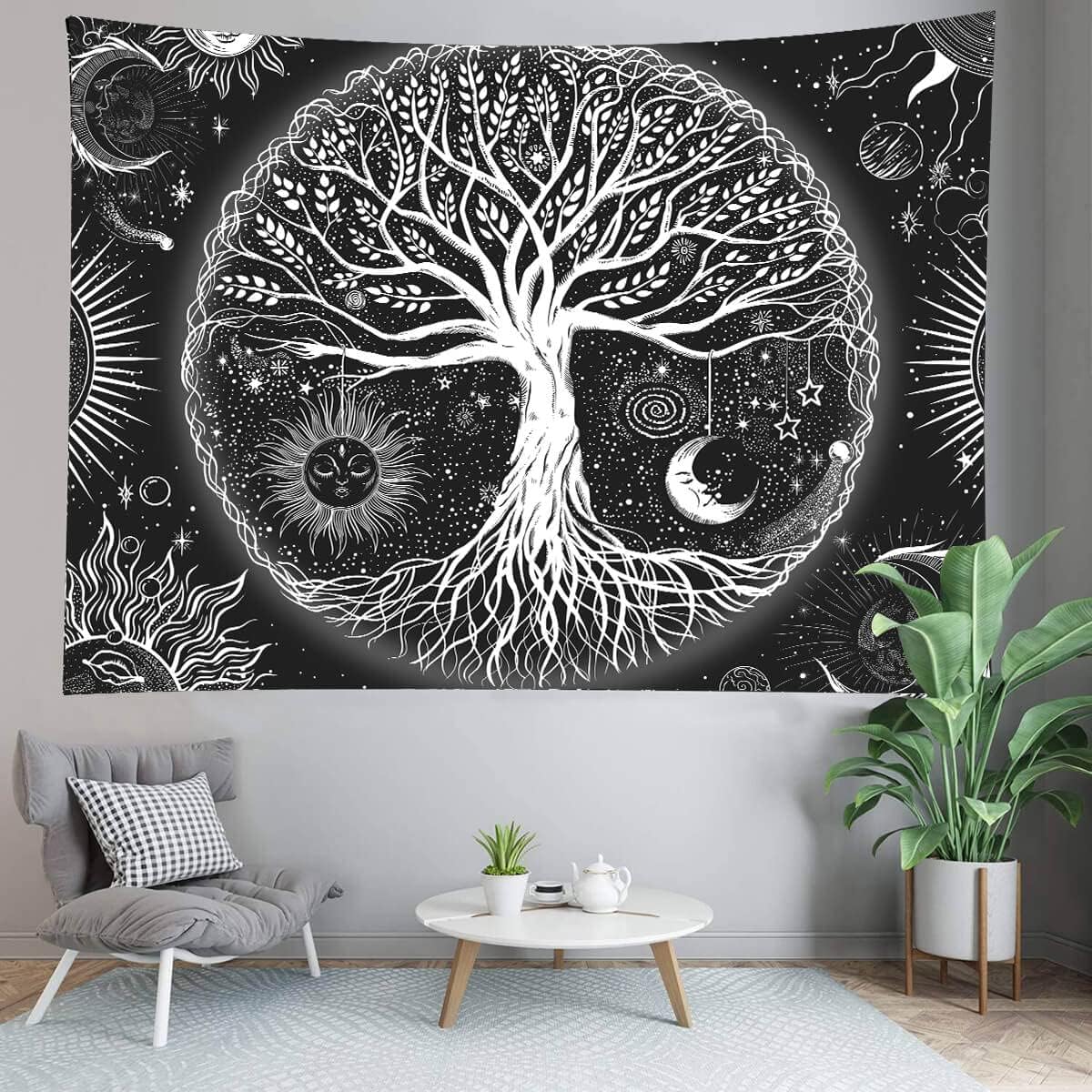 FORATER Tree of Life Tapestry Wall Hanging, Sun and Moon Aesthetic Wall Tapestry Black and White Tapestries Home Decor for Living Room Bedroom(61 x 82 Inch, Black and White)