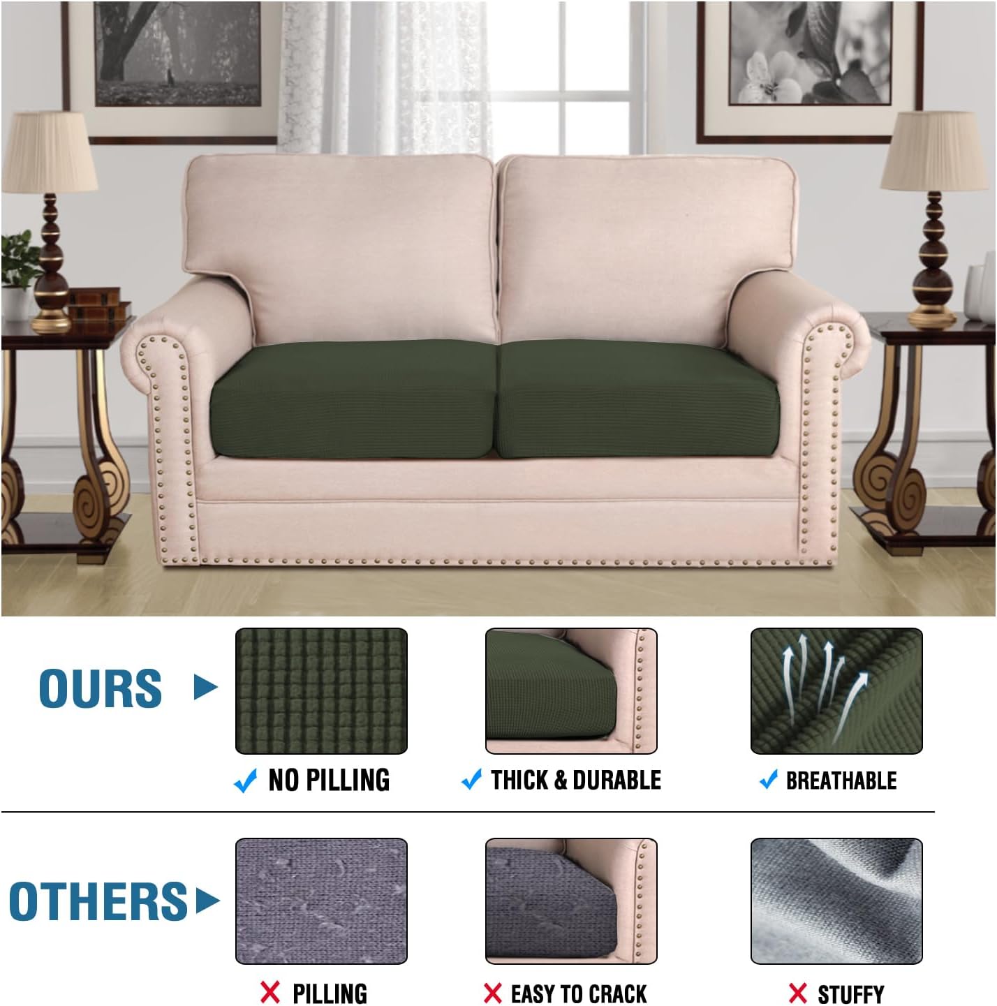 H.VERSAILTEX Super Stretch Individual Seat Cushion Covers Sofa Covers Couch Covers Slipcover Sets Thick Jacquard Textured Twill Fabric (2 Piece Large Sofa Cushion Covers, Olive)